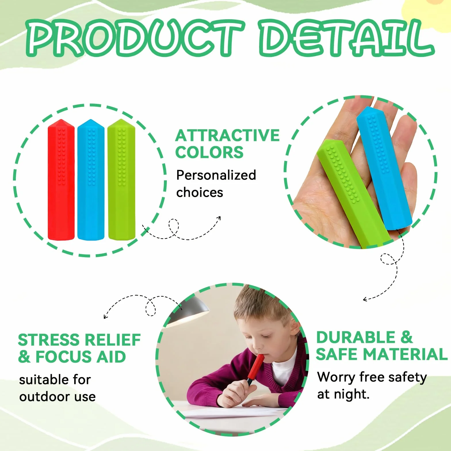 Embout de Crayon à Machouiller Sensoriel en Silicone pour Enfants Autisme TDAH - Lot de 3 Pièces