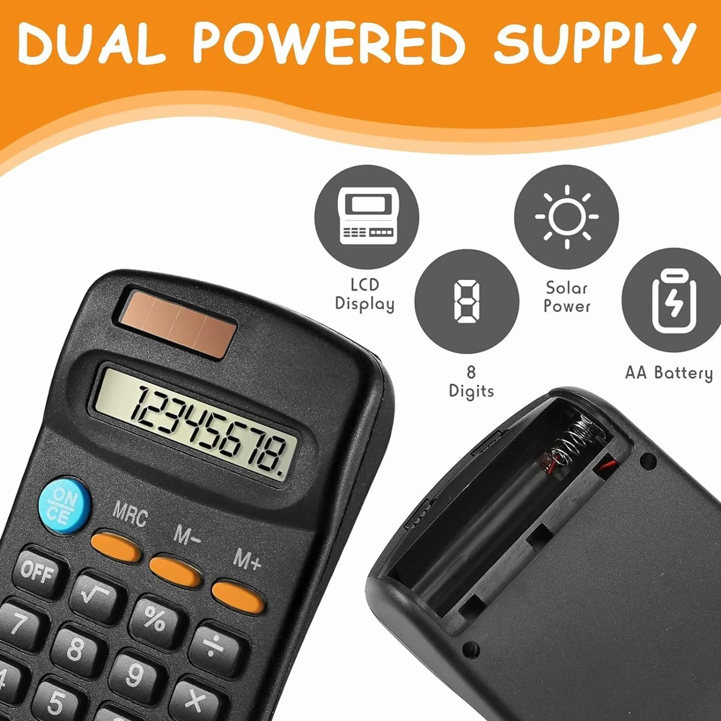 Lot de 20 Calculatrices de Poche à 4 Fonctions, Affichage 8 Chiffres, Noir pour Étudiants, École