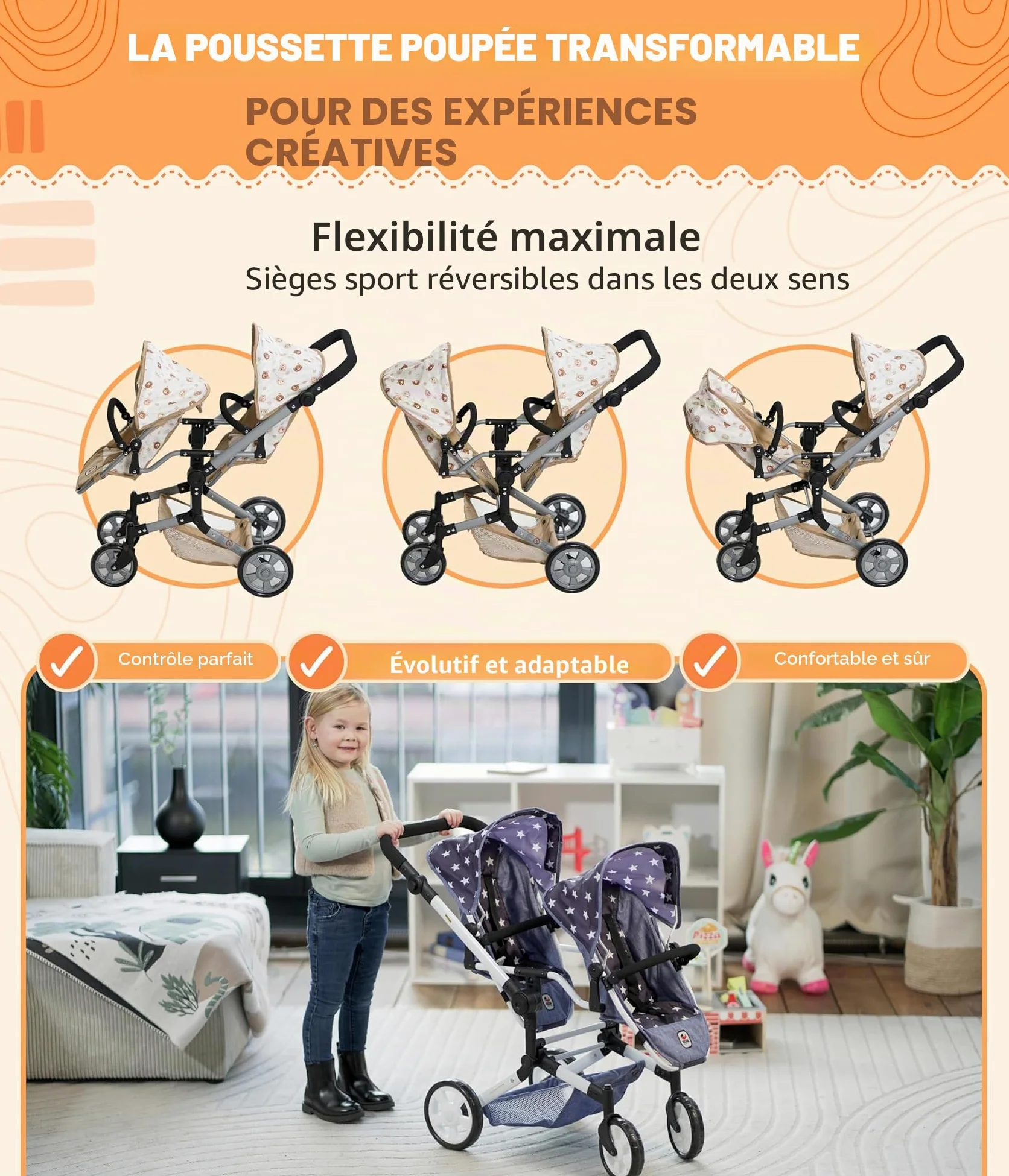 Bayer Chic 2000 Poussette poupée Double Linus Duo Pliable réglable | Poussette double pliable avec poignée réglable de 50 à 82 cm, conçue pour transporter 2 poupées.