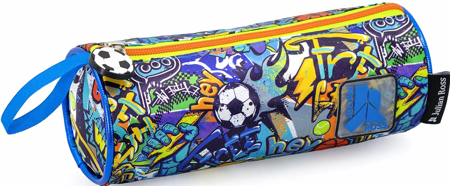 Julian Ross Trousse Scolaire Ronde pour Enfant 21x8 cm Fermeture éclair Vert et Bleu