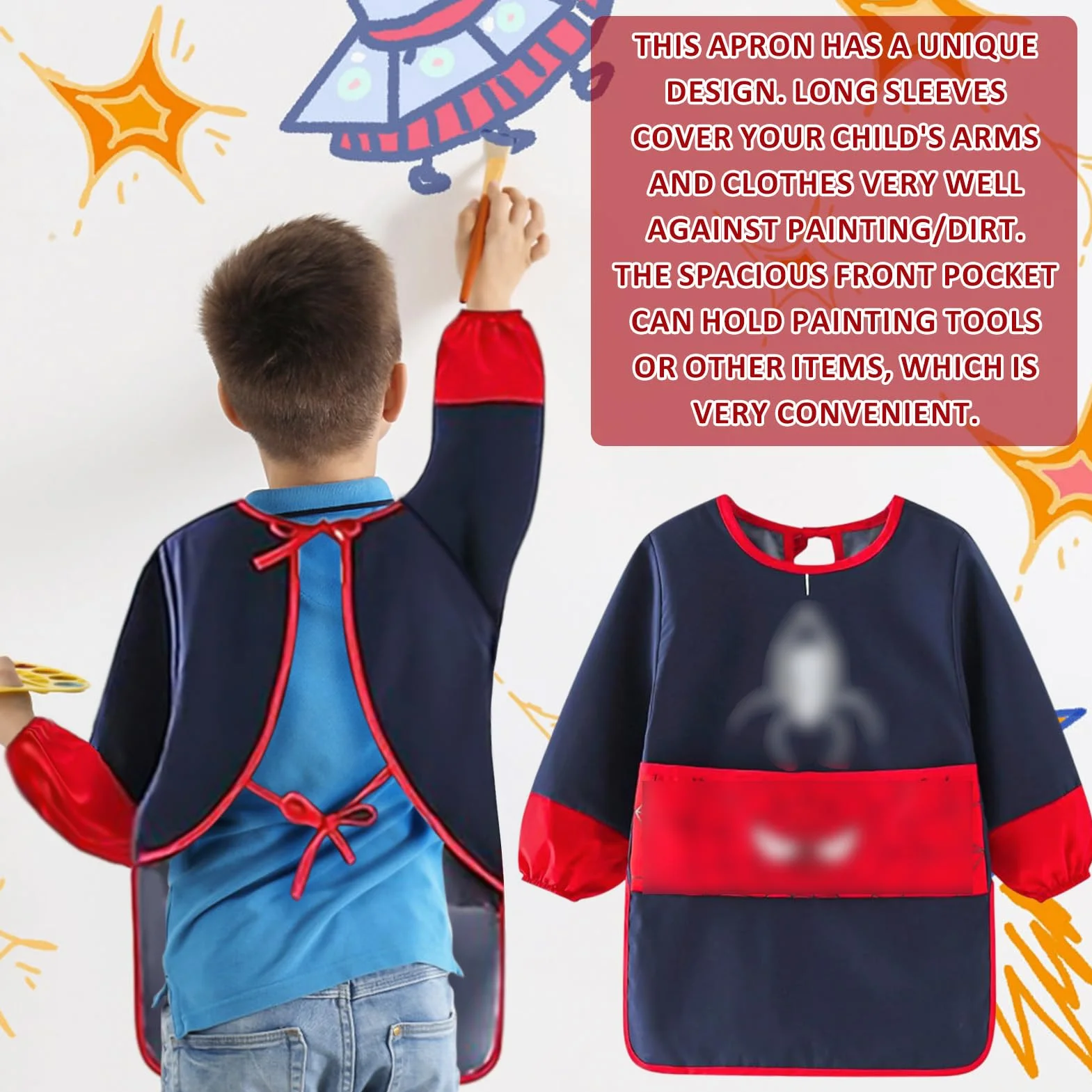 Tablier Peinture Enfant Imperméable Blouse 3-7 Ans avec Poches Manches Longues pour Activités Scolaires Dessin Cuisine