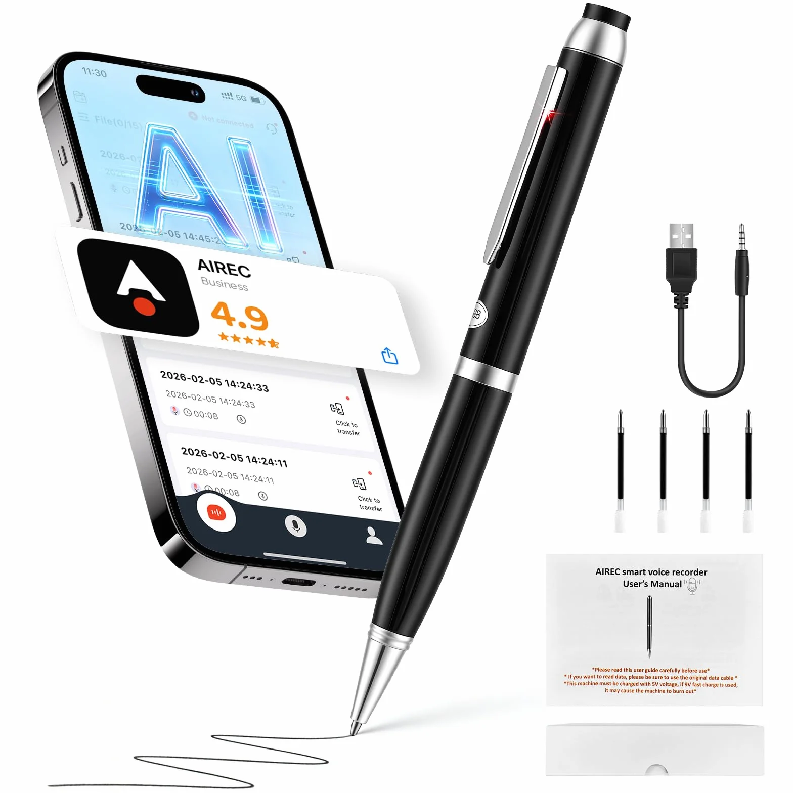 Stylo Enregistreur Vocal IA avec Transcription et Traduction en Temps Réel, Micro 360°, 64 Go + Cloud, 10h Autonomie