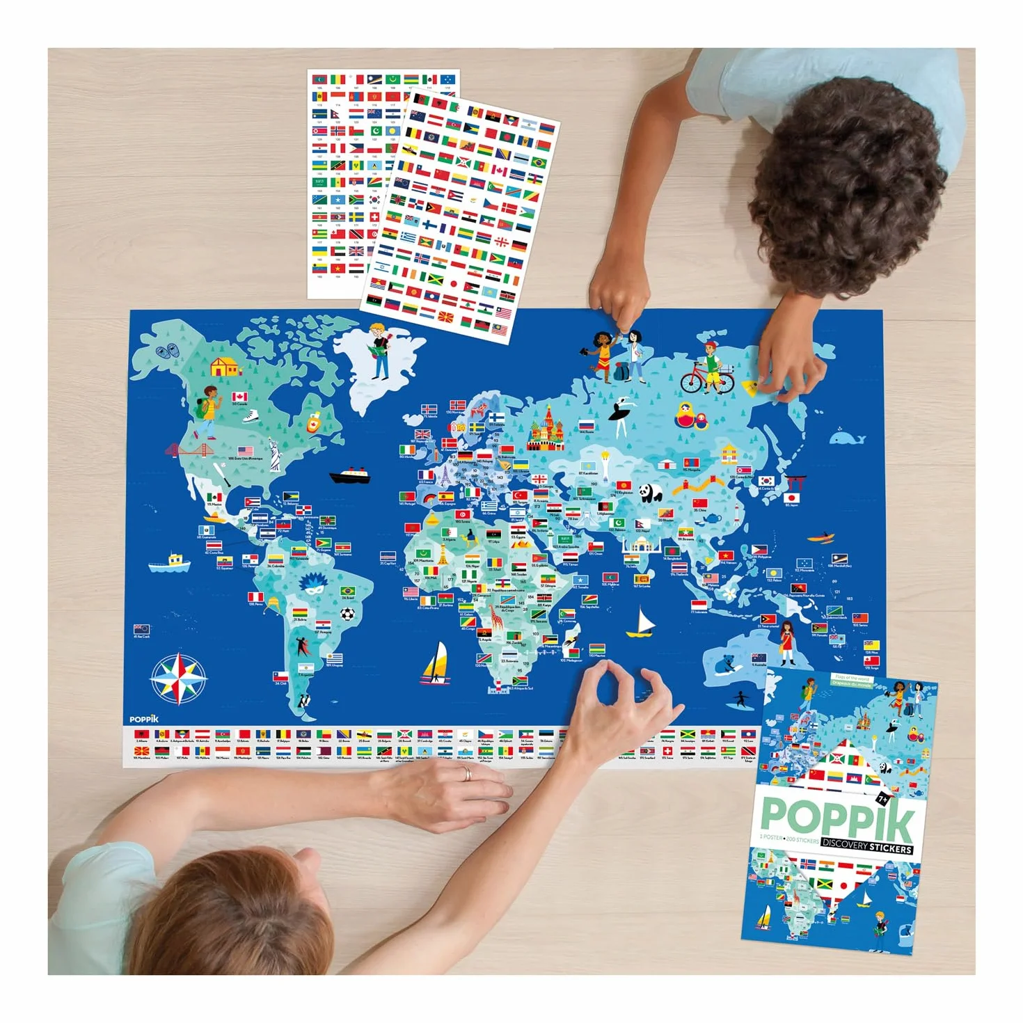 Poster Autocollant Drapeaux du Monde Carte du Monde éducatif interactif 68 x 100 cm pour Enfants 7 Ans