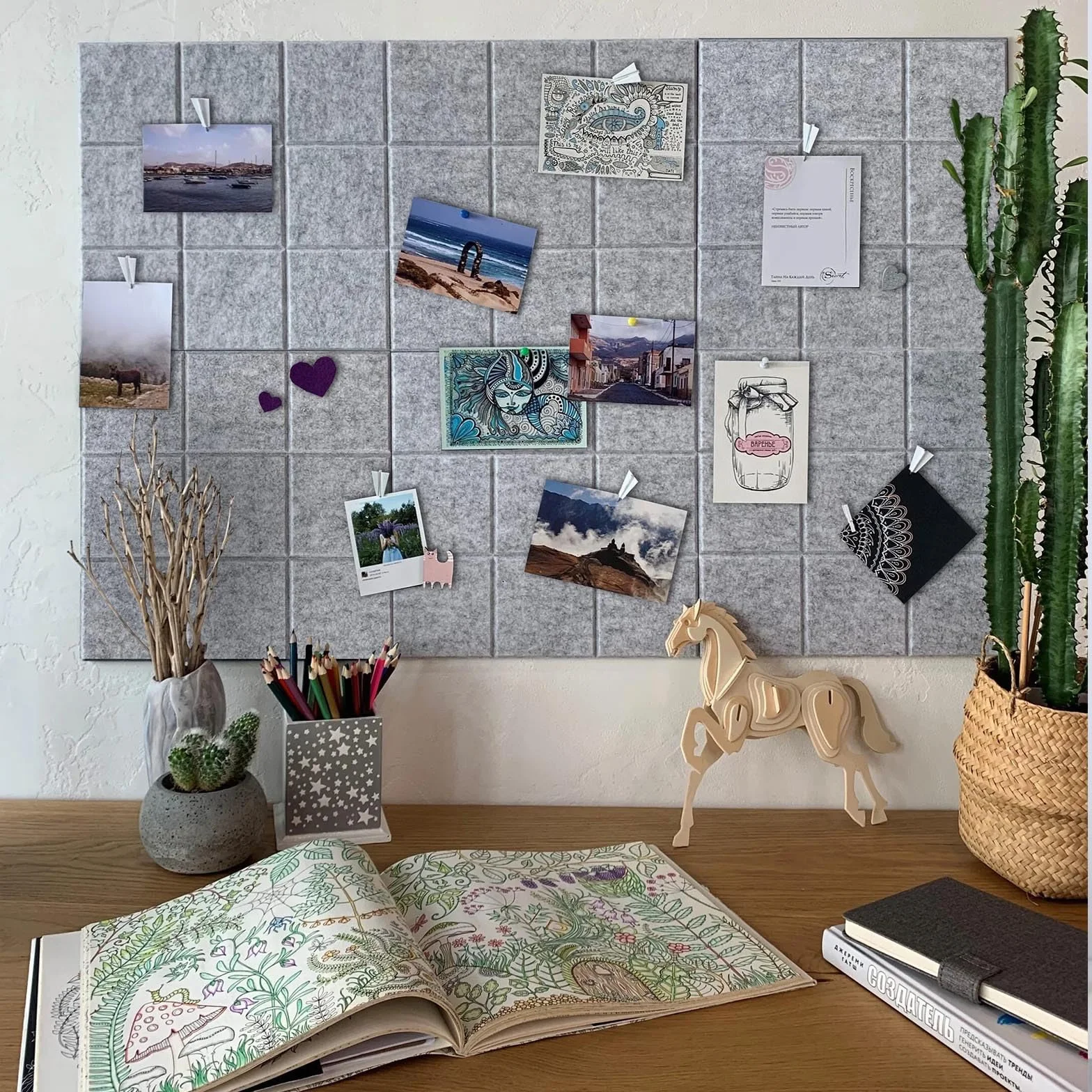 Tableau en feutre design 30 x 30 cm multicolore – Planche à photos sans trous (gris argent)