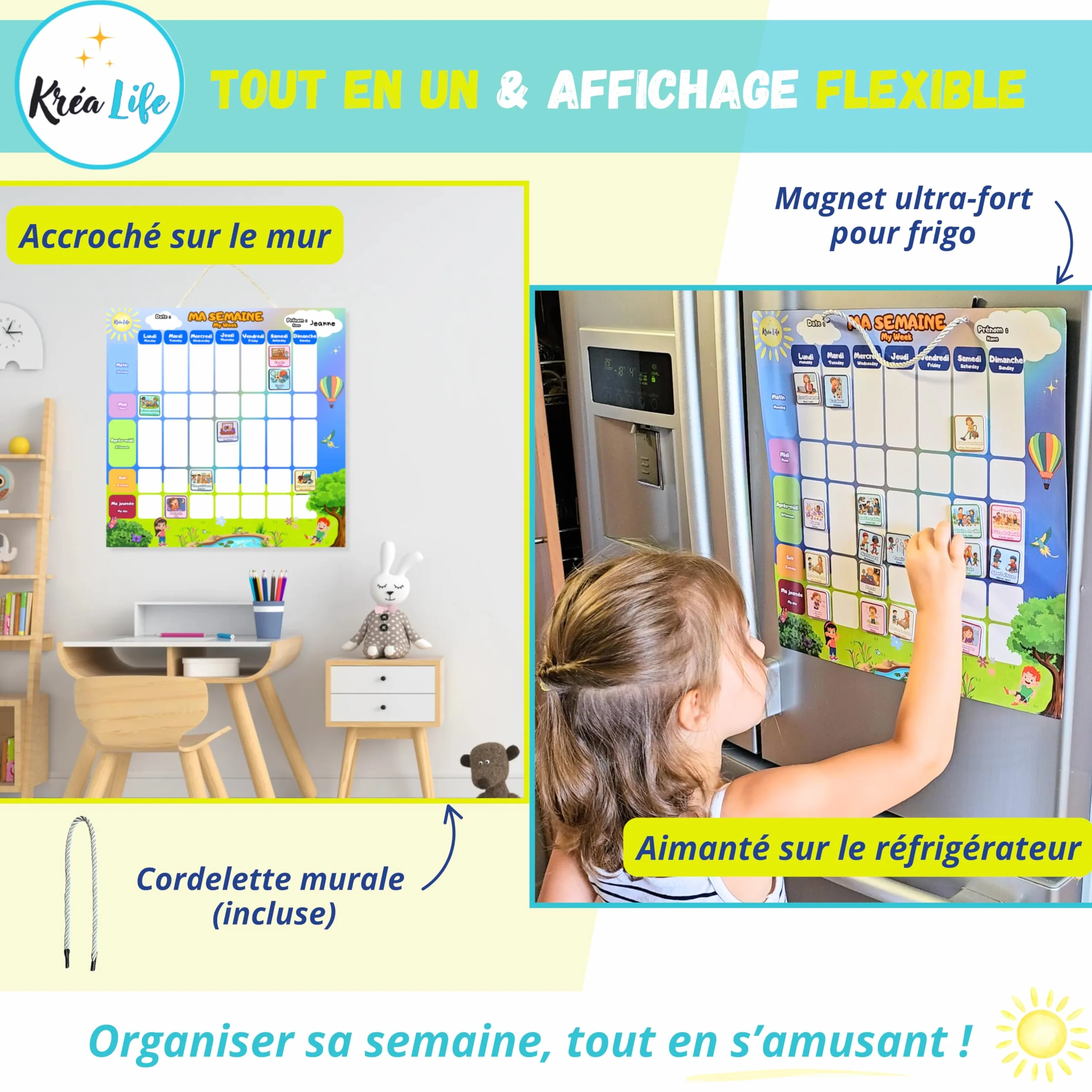 KréaLife® Planning Semaine Enfant Tableau Magnétique 40x40 cm +220 Aimants Colorés Éducatif Bilingue FR/EN