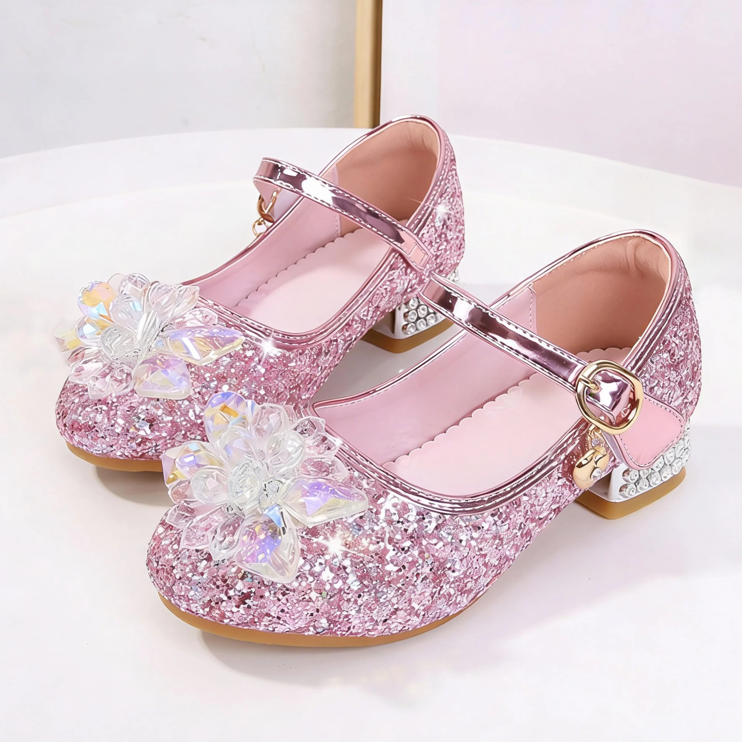Chaussures de Princesse pour Fille Talon Haut Paillettes Antidérapant Sandales Mariage Rose 25 EU