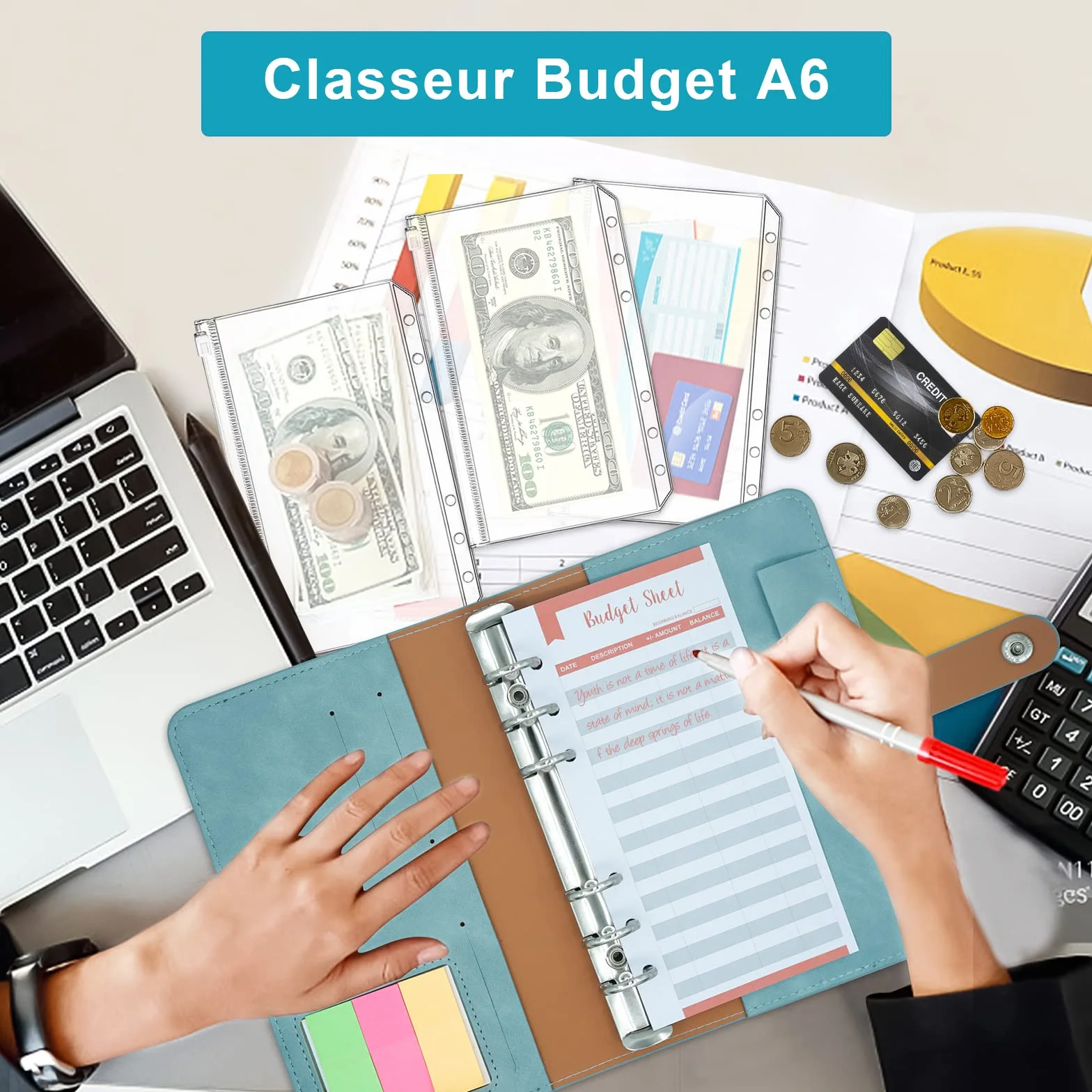 Carnet Budget A6 Avec Pochettes Organisateur D'espèces et de Billets pour Économiser de l'argent, Lac Bleu