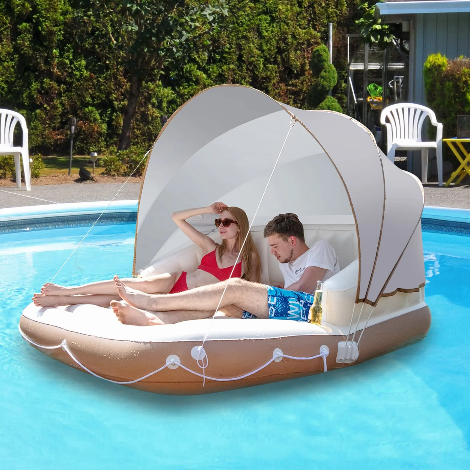 KOMFOTTEU Matelas Gonflable Lounge avec Auvent Rétractable 200KG Flotteur Piscine 2 Places UPF50+ Île Flottante 180x180x160CM