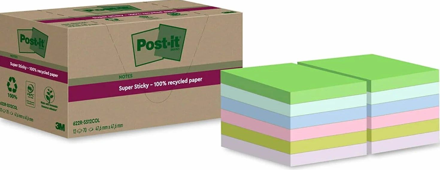 Post-it Notes Autocollantes Super Sticky Recyclés 12 Blocs 70 Feuilles 47.6 mm x 47.6 mm Papier 100% Recyclé