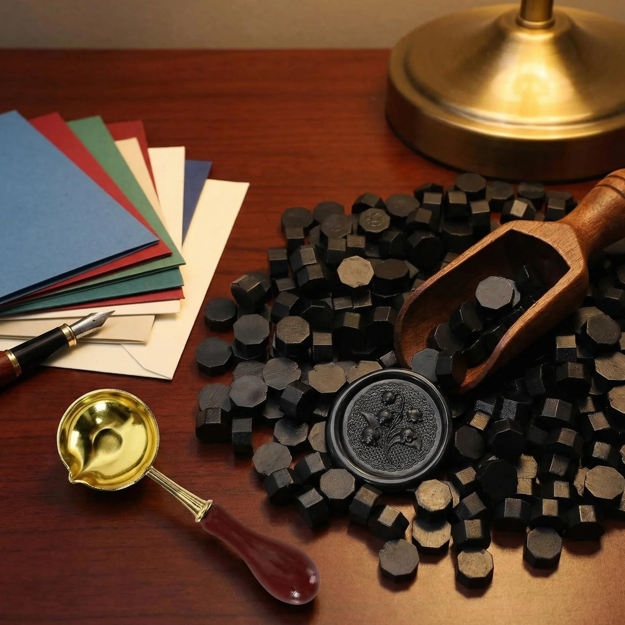 Perles de Cire à Cacheter Octogonales Lot de 300 avec Cuillère de Fusion - Sceaux de Cire pour Tampon, Lettres, Invitations (Noir)