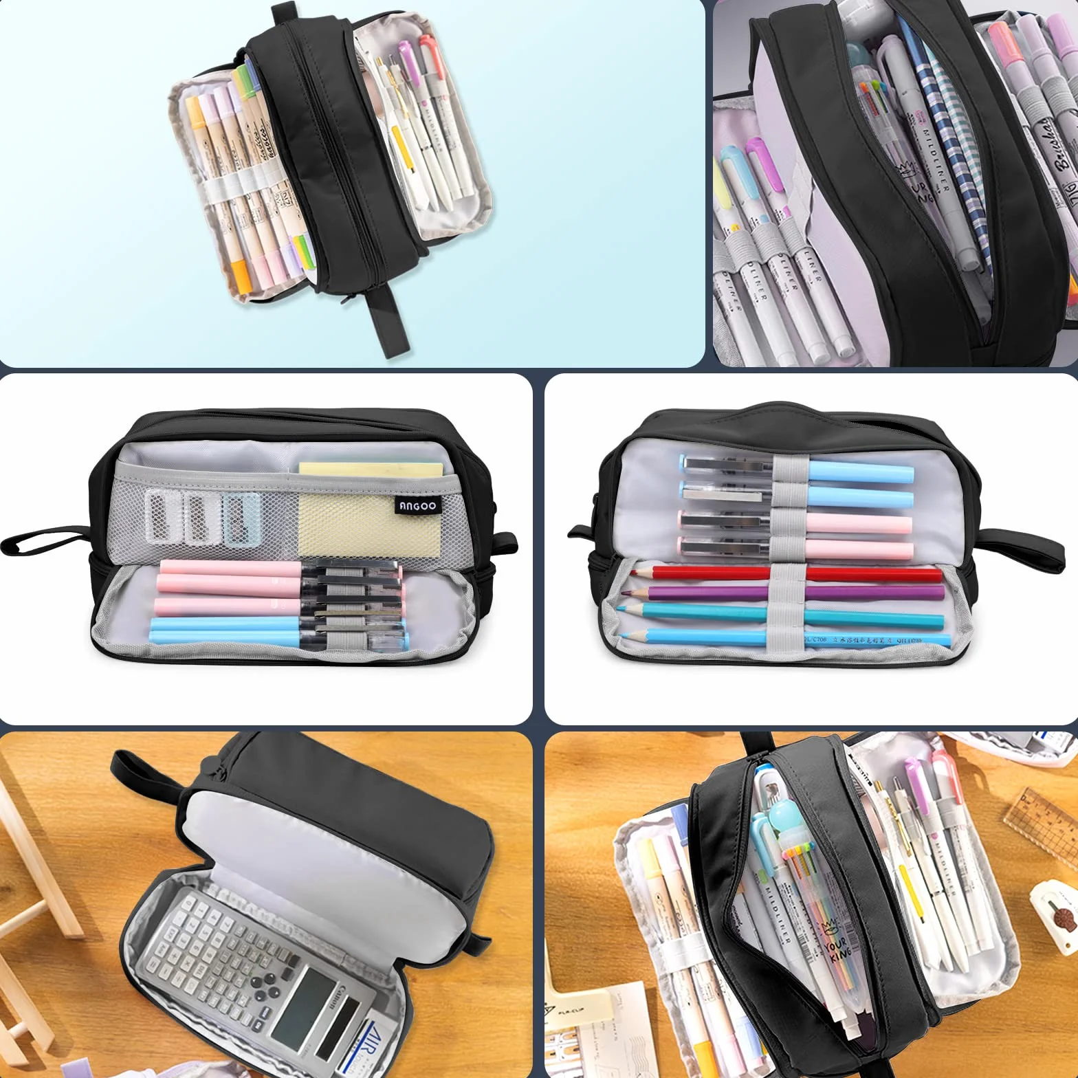 Grande Trousse à Crayons 4 Compartiments, Extensible, Noir Profond