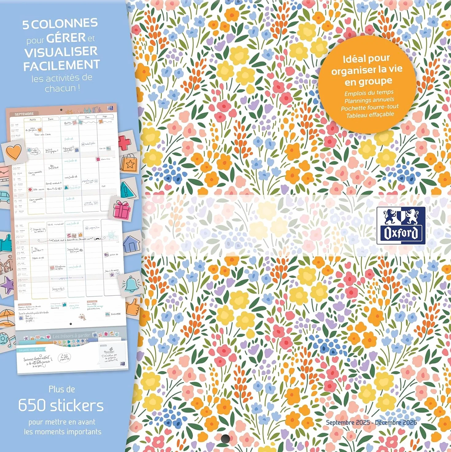 OXFORD Calendrier Planning Mural Familiale Flowers 16 Mois Septembre 2026 à Décembre 2027 30 x 30 cm