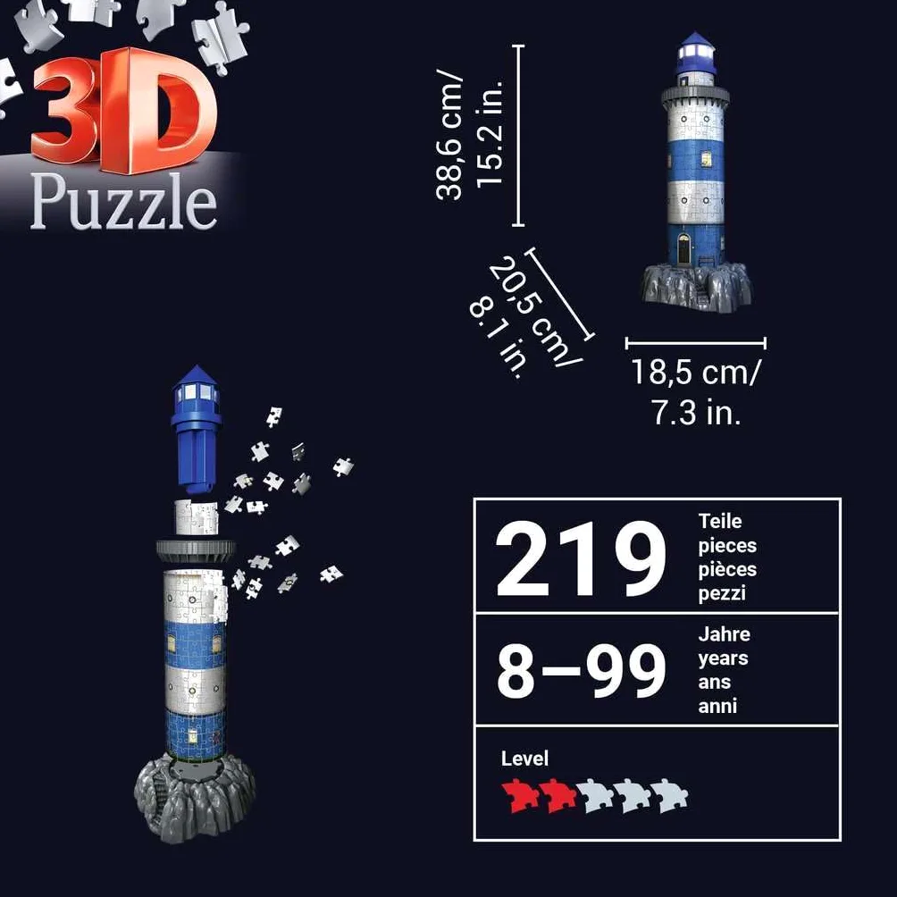 Ravensburger - Puzzle 3D Building - Phare illuminé - A partir de 8 Ans - 216 pièces numérotées à Assembler sans Colle - Accessoires de Finition Inclus - 12577