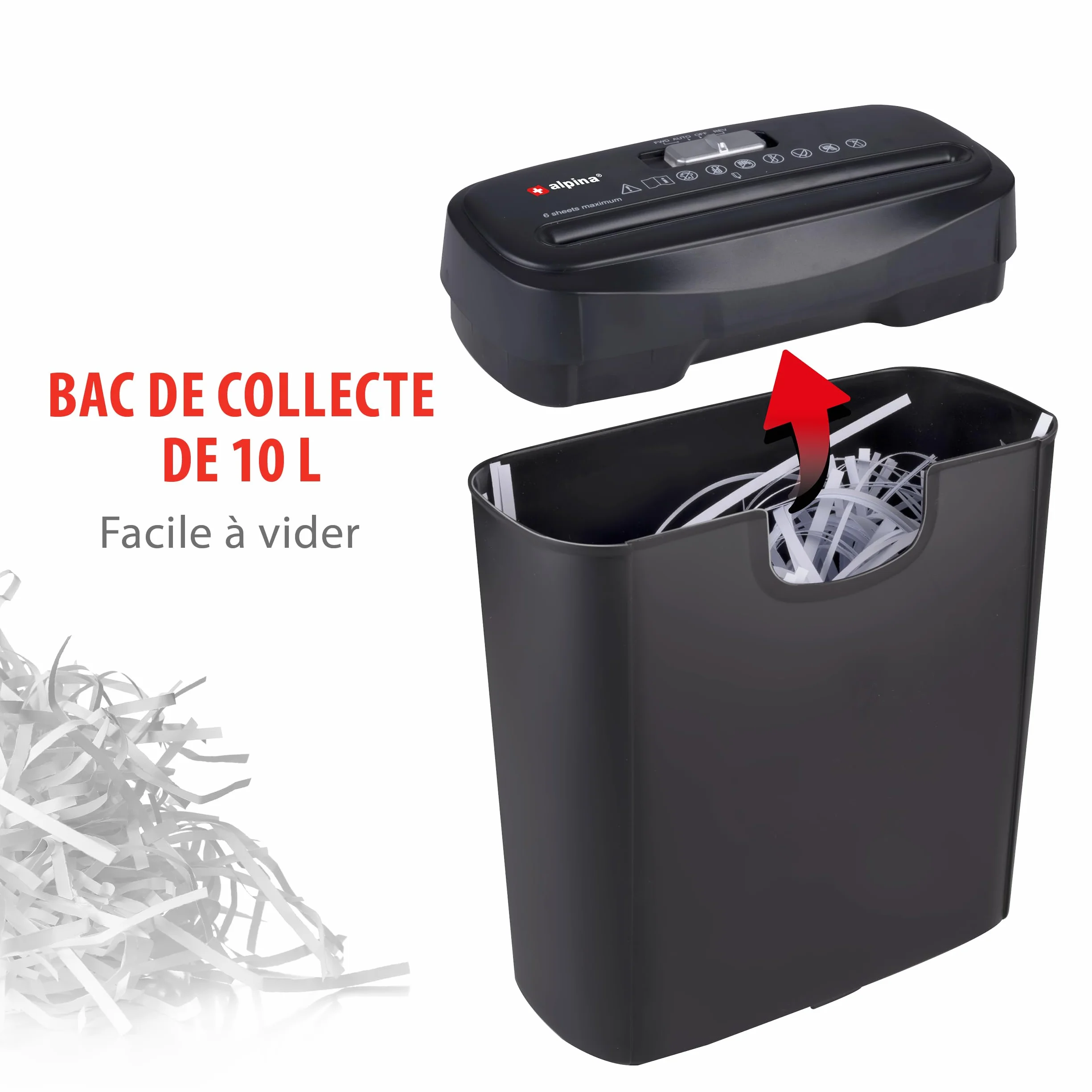 Alpina Destructeur de Documents Papier 6 Feuilles A4 Bac 10L 190W Noir