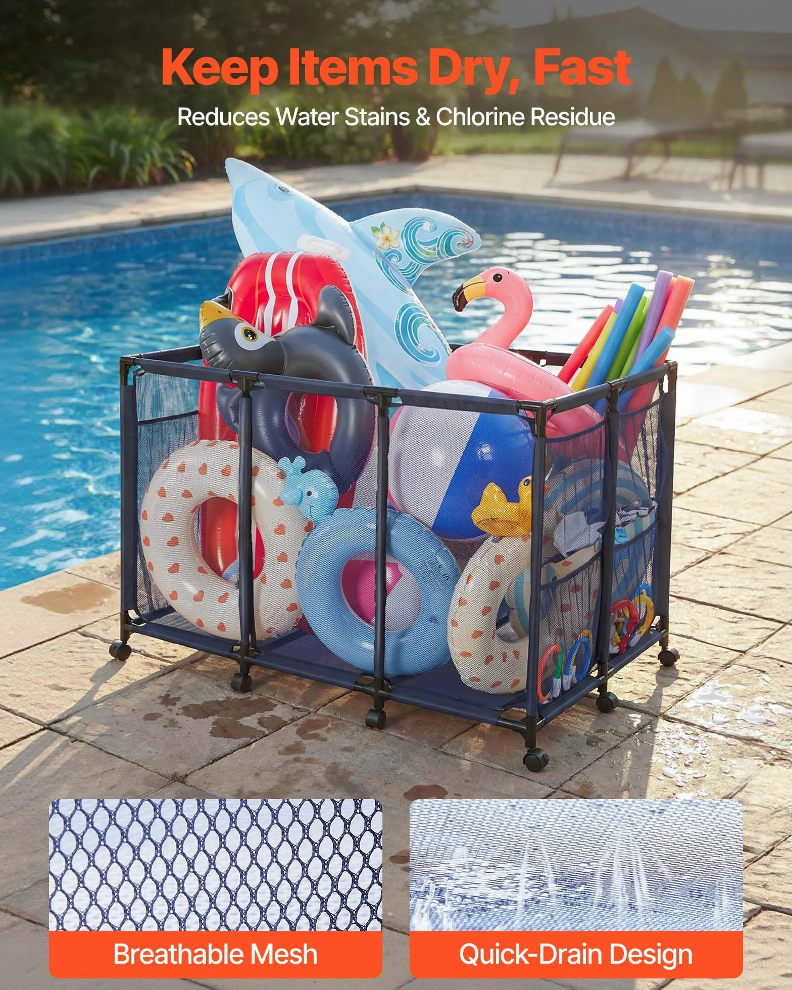 VEVOR Panier Rangement Flotteurs Piscine 125x84x84 cm Bac Stockage Bouées Maille avec Roulettes Poches Latérales Cadre Métal