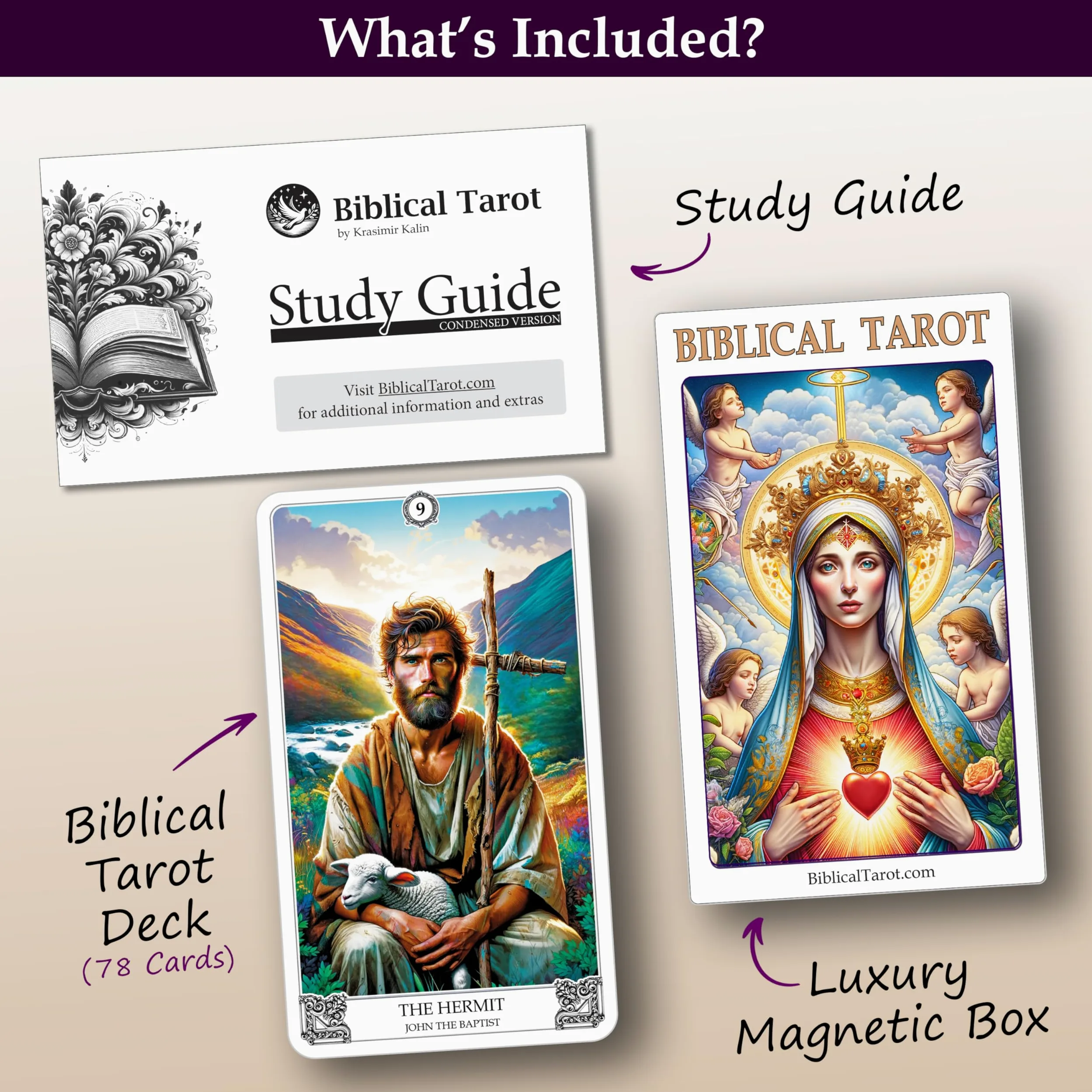 Deck : jeu de 78 cartes et guide Unique, basé sur la sagesse de la Bible Qualité supérieure Flexible et facile à mélanger Impression très détaillée