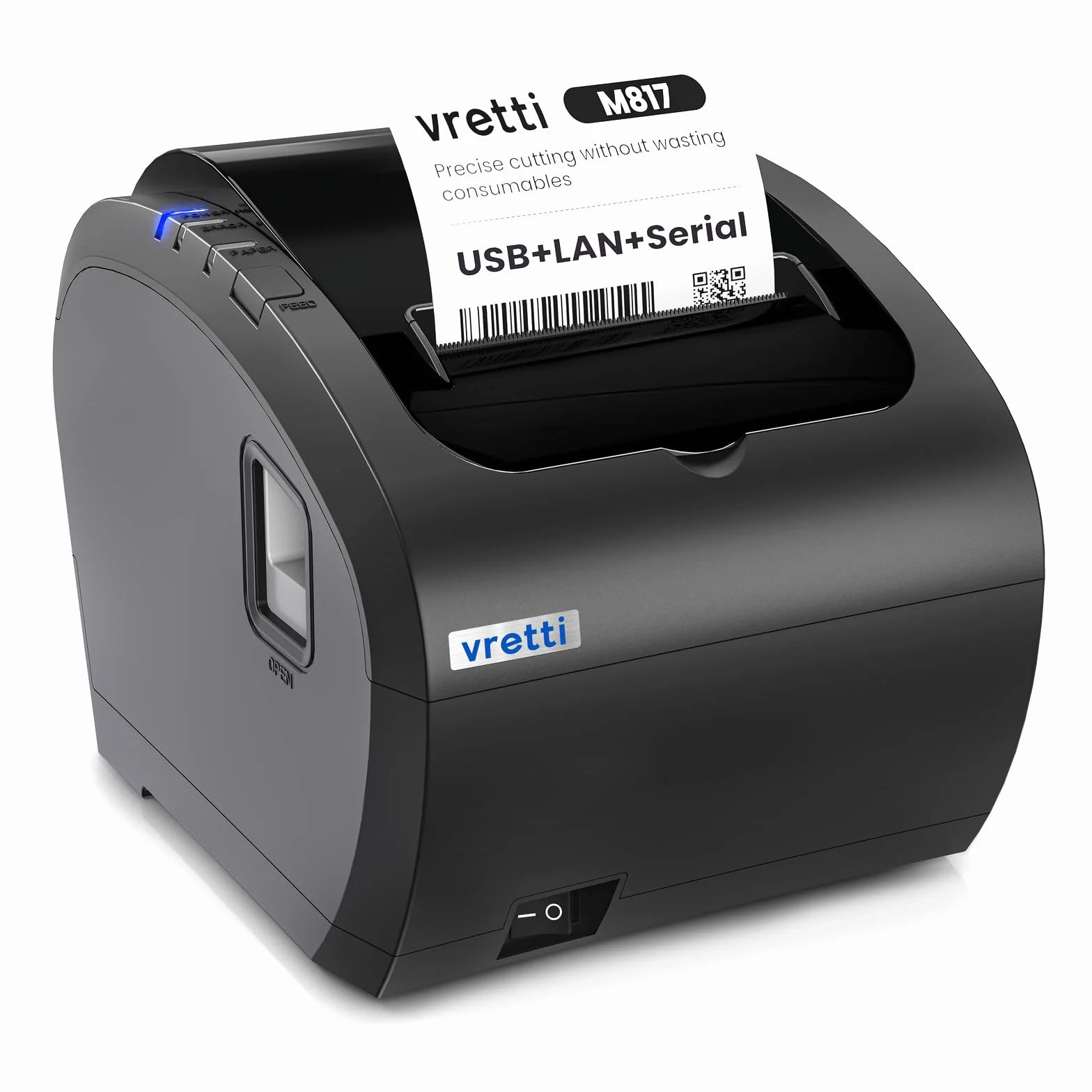 vretti Imprimante de Reçus Thermique 80mm, POS Imprimante Ticket de Caisse avec Support de Coupe Automatique, USB+LAN+Serial