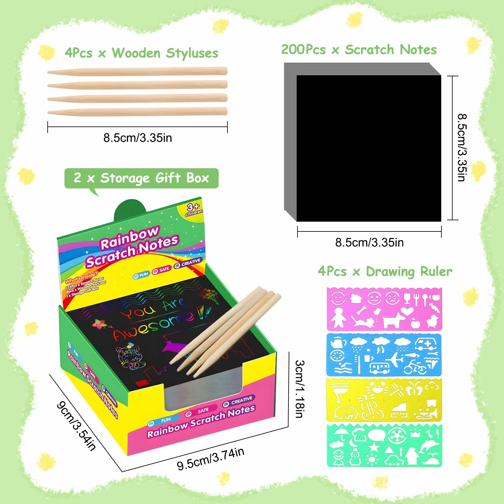 Set Carte à Gratter Enfant Arc-en-ciel 200 Pièces avec Crayons Bois et Pochoirs à Colorier 8.5x8.5 cm