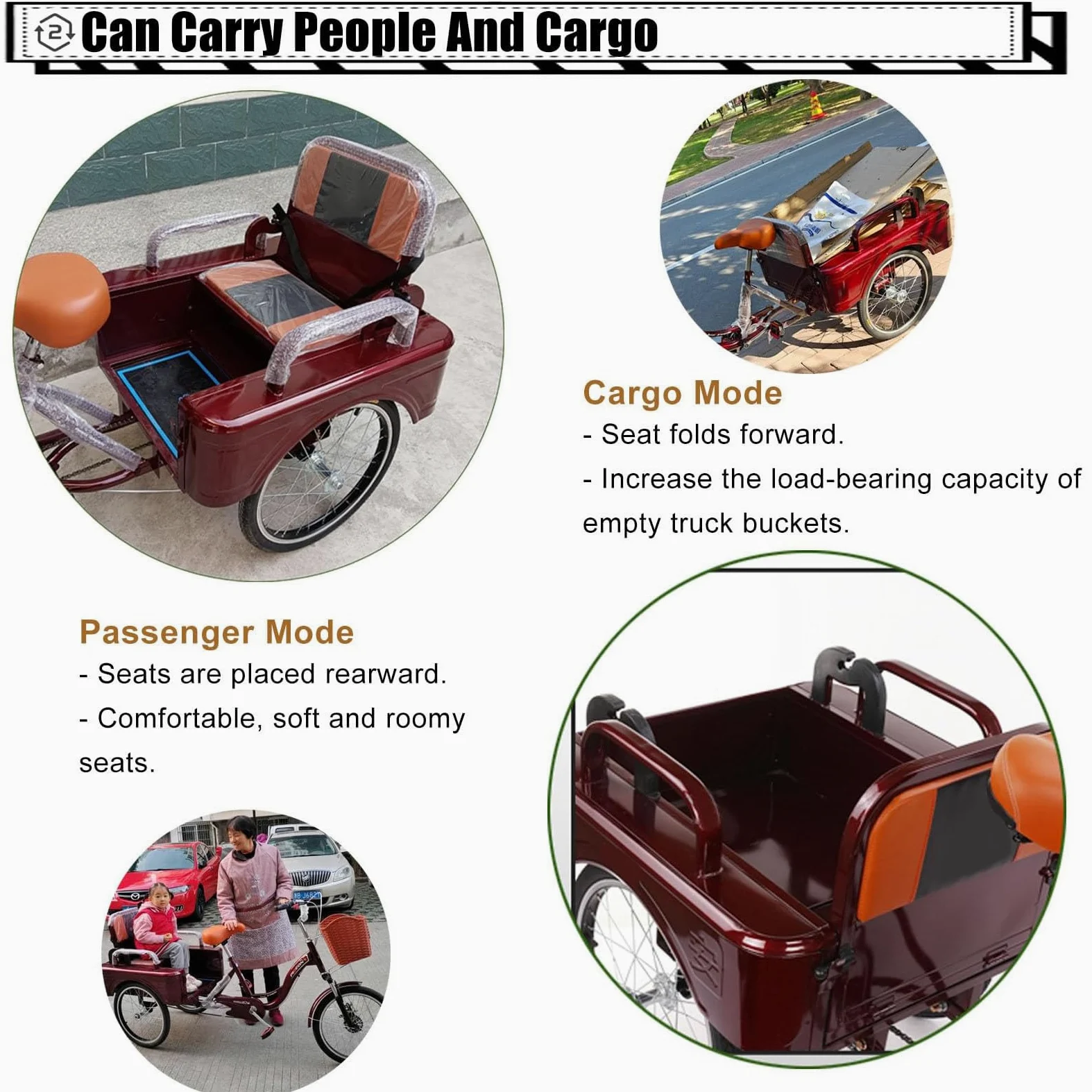Tricycle Adulte 3 Roues 20 Pouces - Siège Passager Pliable, vélo Cruiser Confortable pour passagers et Chargement, idéal pour Le Shopping/Pique-Nique, Charge maximale 200 kg/440 lbs
