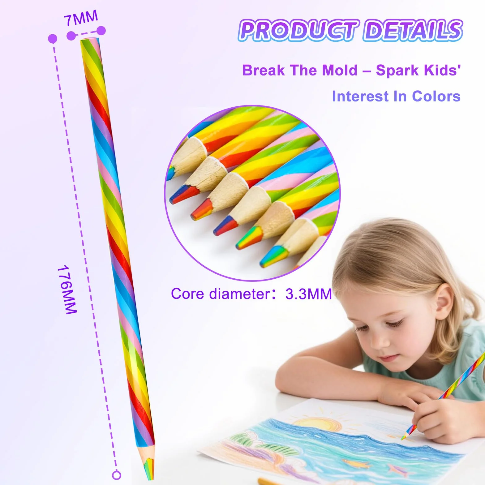 Crayons de couleur arc-en-ciel en bois 7 en 1 lot de 24 pour enfants adultes fournitures artistiques