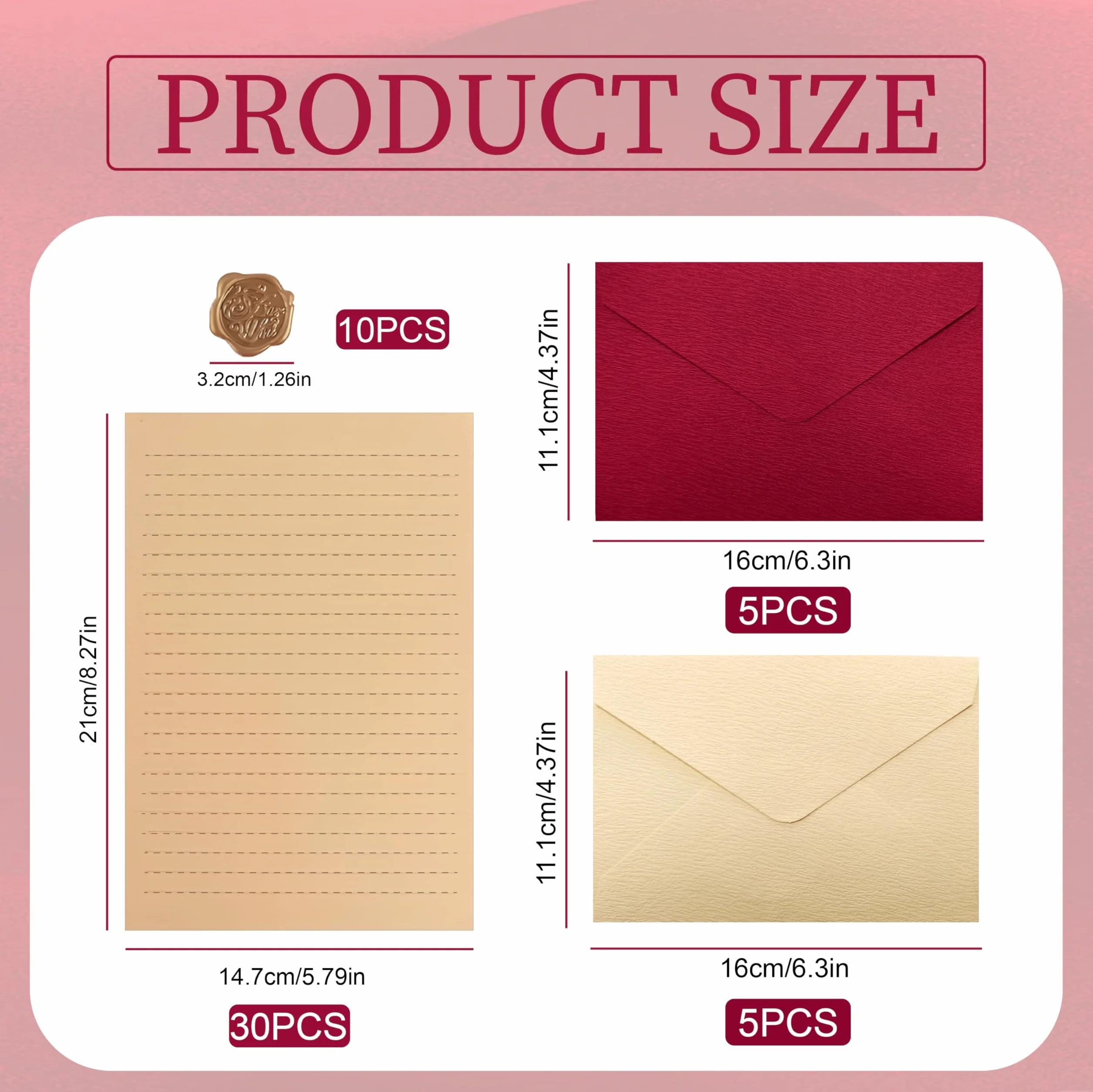 Ensemble Papier à Lettre Vintage, 5 Enveloppes Beiges, 5 Rouges, 30 Feuilles, 10 Autocollants Cire