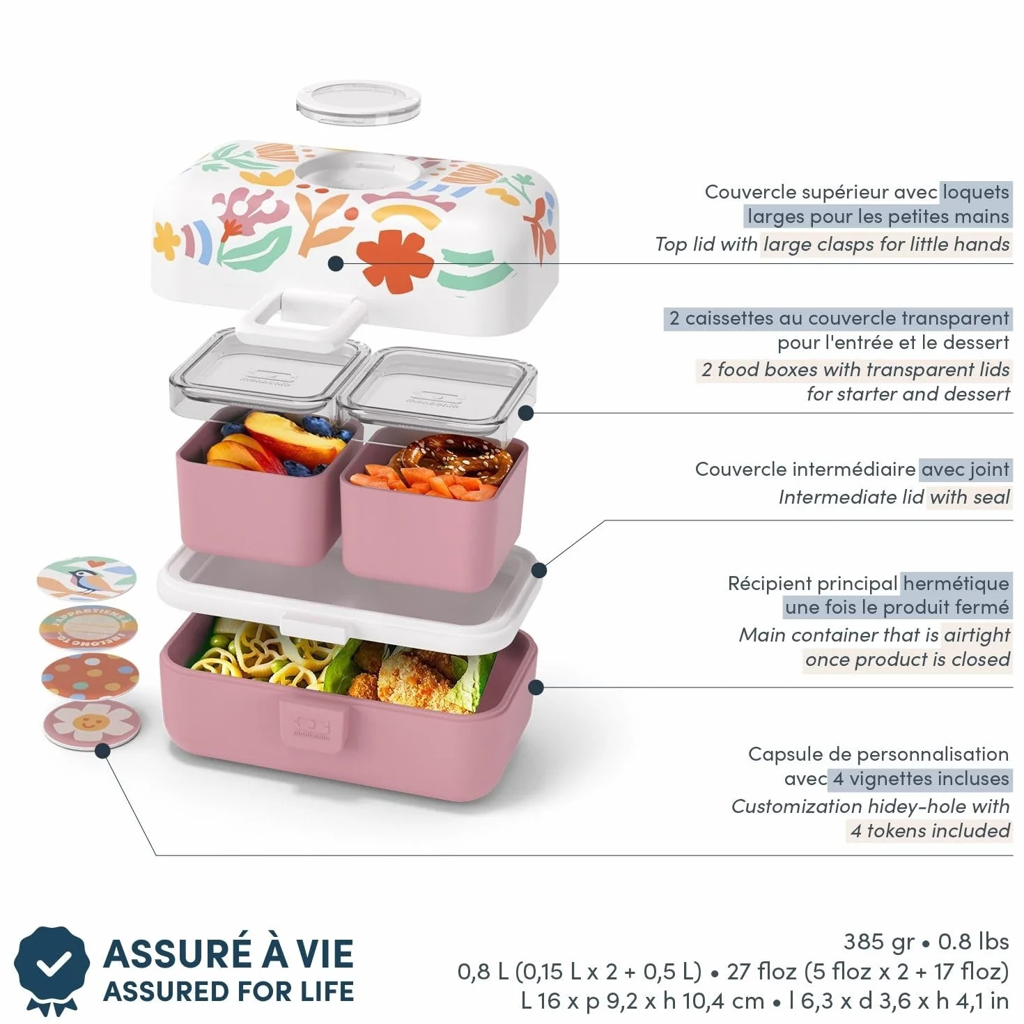 MONBENTO Lunch Box Enfant 3 Compartiments Sans BPA Rose Motif Floral