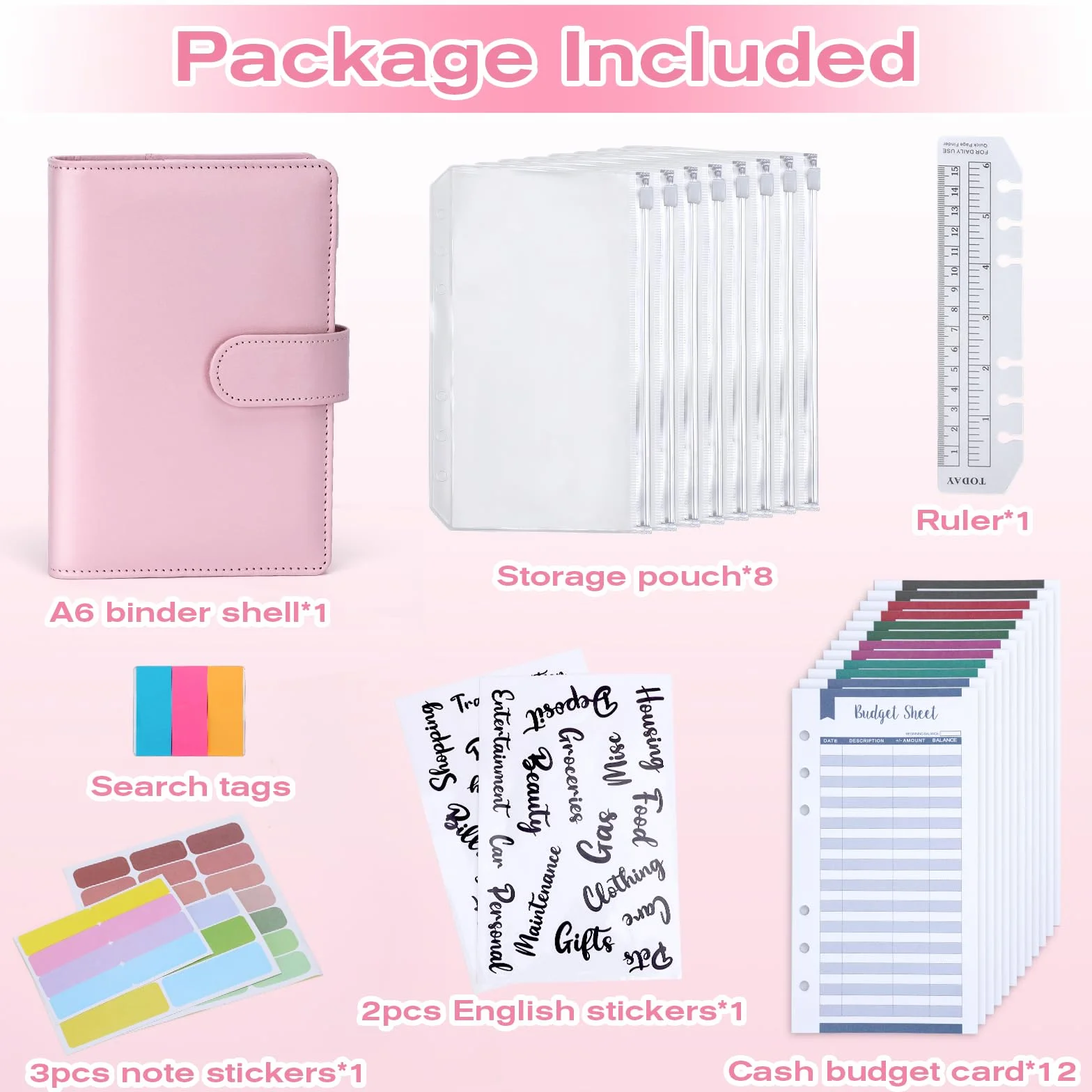 Euqvunn Enveloppe Budget A6 avec Enveloppes Argent Liquide, Fermoirs Ajustables, Classeur Budget Carnet Rose