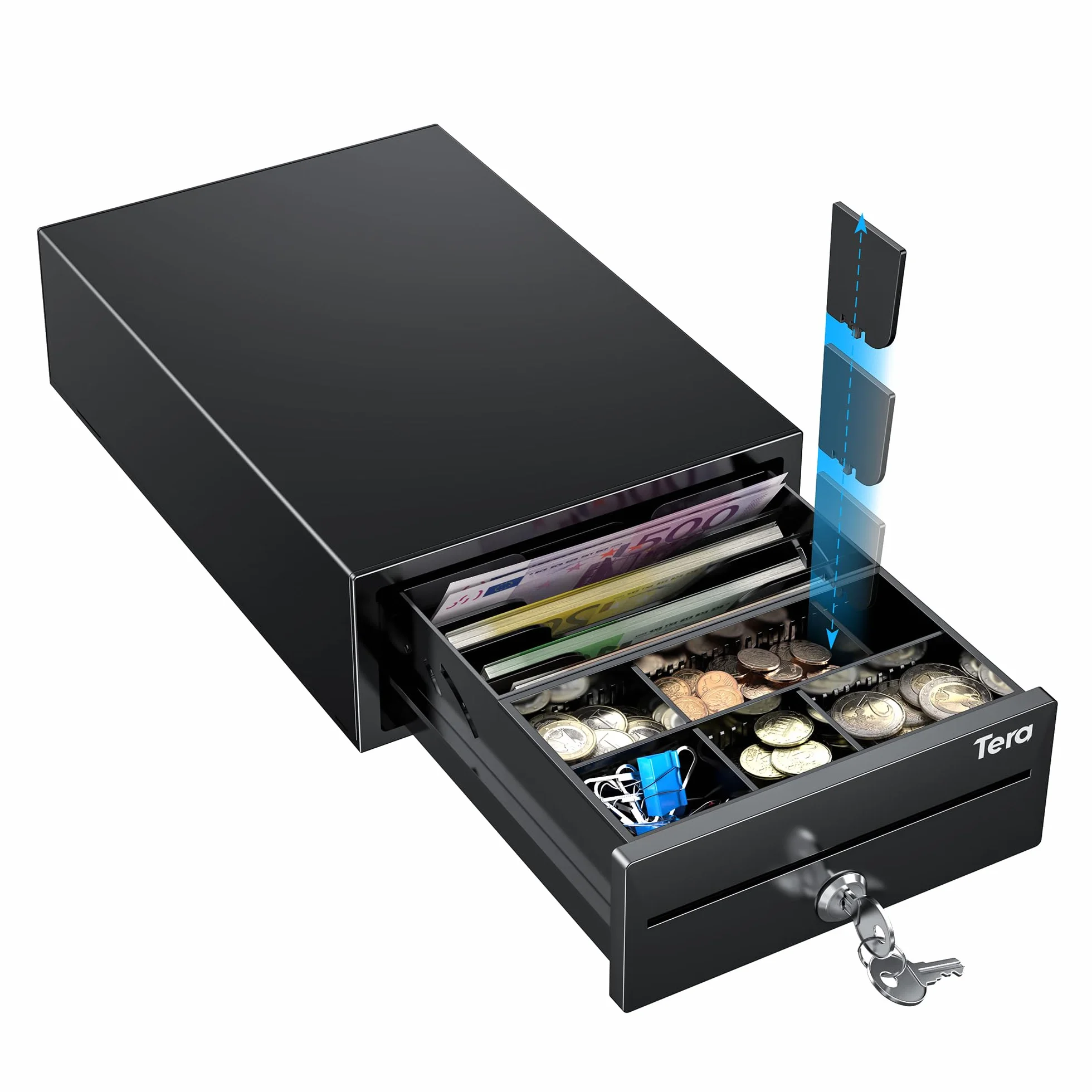 Tera Tiroir Caisse Métallique Réglable 20,8 × 30 × 9,8 cm 4 Compartiments Billets Monnaie Fente de Dépôt 2 Clés RJ12 pour Système POS
