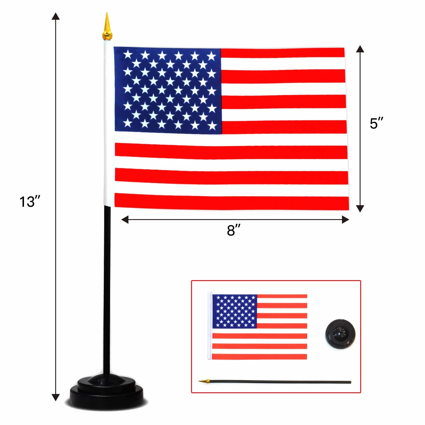 ANLEY 24 Pays Deluxe Ensemble Drapeau Bureau 7,5x5,5cm Mini Drapeau Américain Mât Noir 12,5" Couleur Vive Résistant à la Décoloration Socle Noir Haut Doré