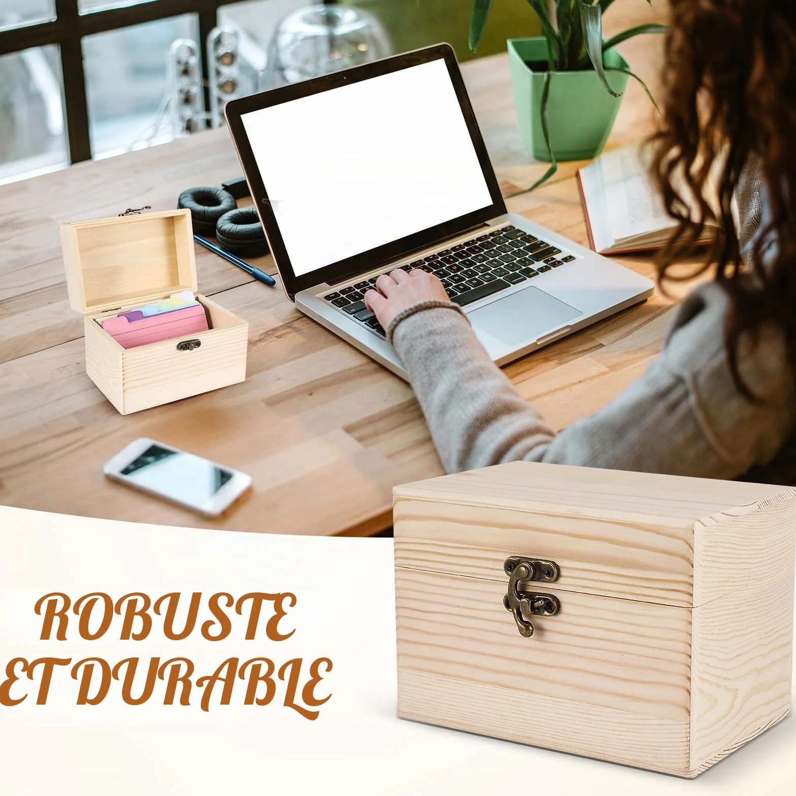 Boîte à Recettes en Bois 10,5x15 cm avec 150 Cartes, Organisateur de Cartes de Notes