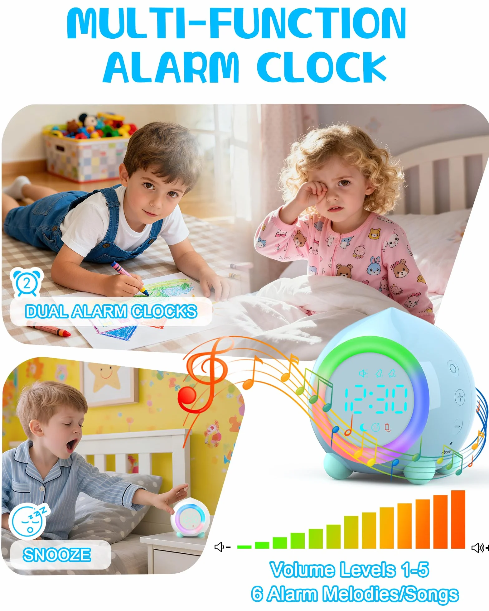 Edillas Réveil Enfant Digital Football Pêche Veilleuse Double Alarme Snooze 6 Sonneries