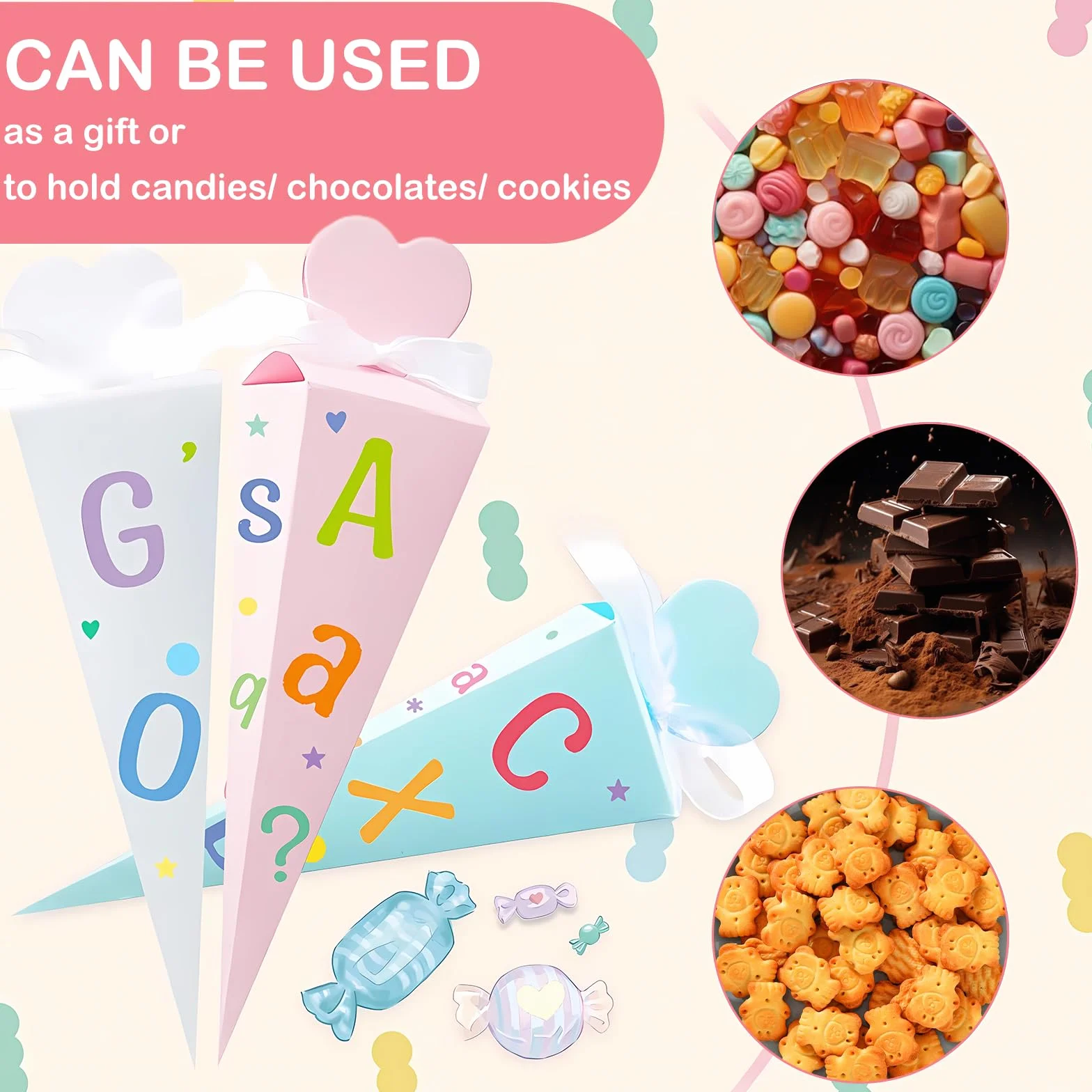 Cornet de Bonbons Forme Cônes Sac Cadeau 35 Pièces avec 16 Autocollants