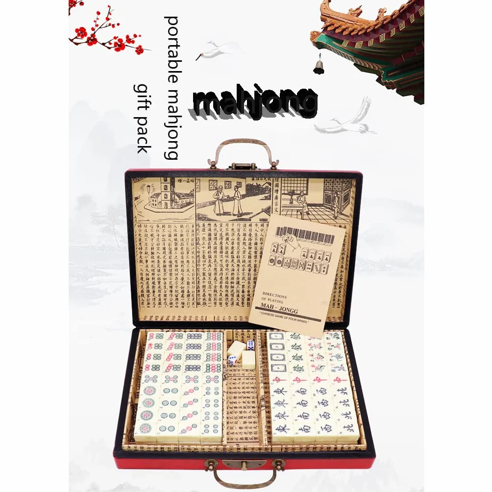 Ensemble de Jeu Mahjong Chinois Traditionnel en mélamine | Tailles M et L for cadeau de jeu de famille de fête de voyage(M(33*23*4.3cm))
