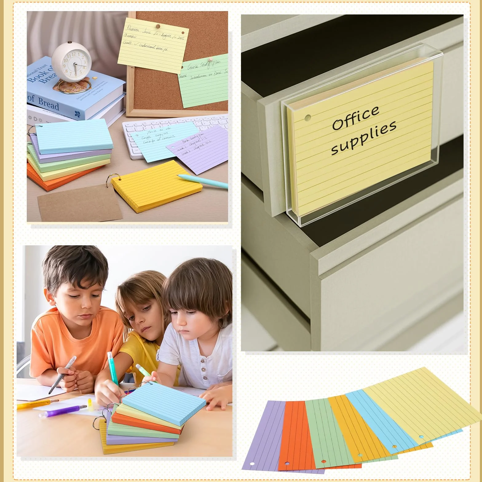 Flash Cards A6 Lignées 150 g/m² avec Couverture Kraft Anneaux de Reliure Cartes de Révision Multicolores (14,8 x 10,5 cm)