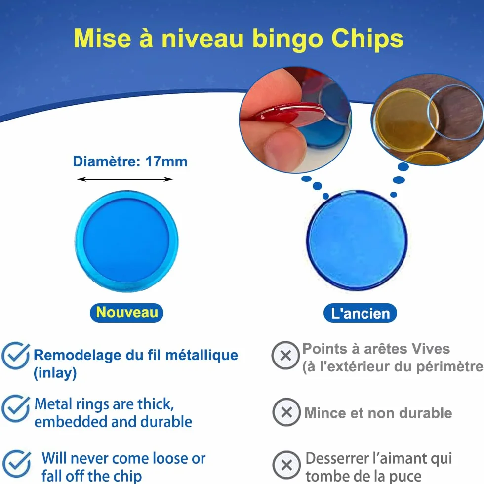 Jetons de Loto avec Anneaux Métalliques - Accessoires de Jeu d'Échecs Transparent (Bleu)