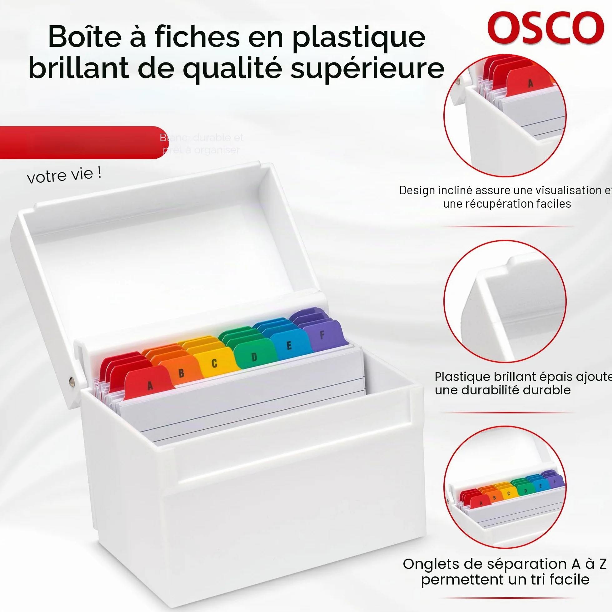 OSCO Boîte d'index en plastique blanc brillant A-Z 100 feuilles lignées 15,2 x 10,2 cm Cartes flash de révision