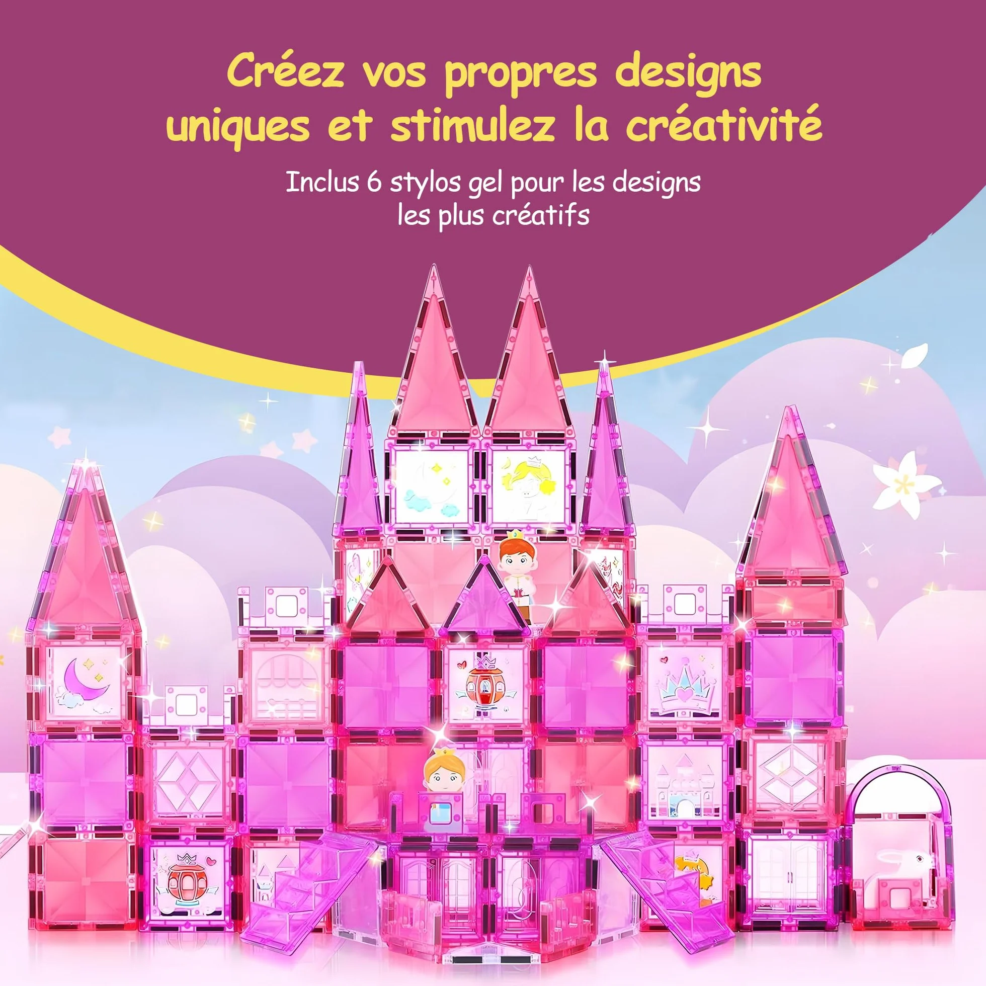 Olvy Blocs de Construction magnétiques Montessori Jouet Montessori en tuiles magnétiques Jouet de Construction magnétique 3 Ans Princesse