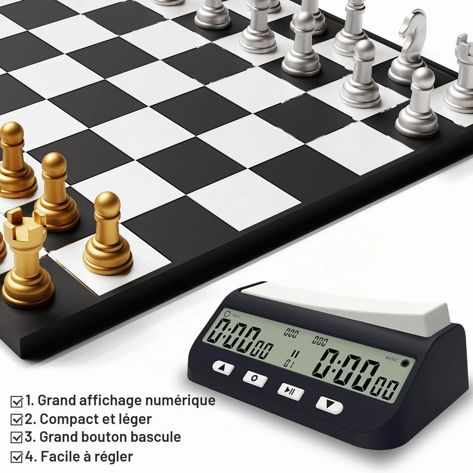 2 minuterie numérique d'échecs avec retard bonus de base et temps positif. Montre portable 3 en 1 avec bonus de temps et de retard, idéal pour Chess I-Go modèle mis à jour