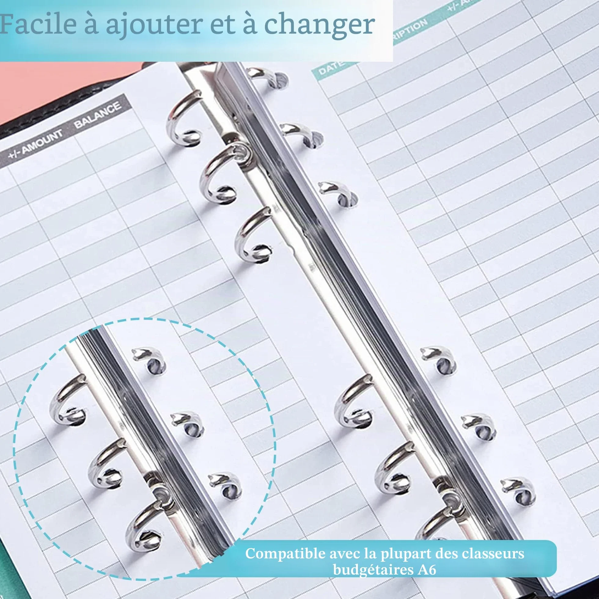 Planificateur de budget A6 6 trous 24 feuilles avec étiquettes autocollantes recharge papier