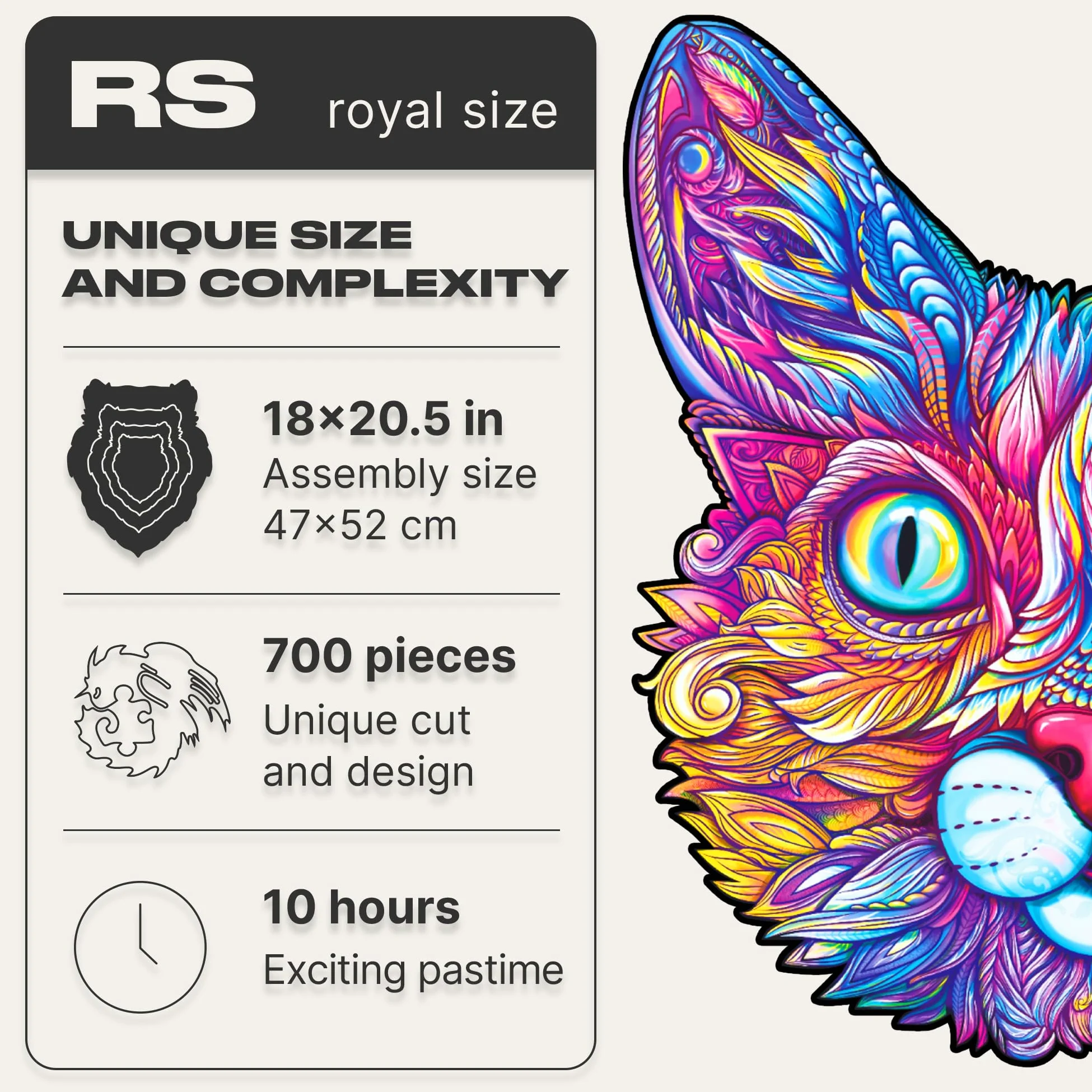 UNIDRAGON Puzzle en Bois - Impressive Cat Jigsaw Puzzle - 700 pcs | Royal Size 52.8 x 54.9 cm - Pièces de Forme Unique - Bois Découpé au Laser - Coffret Cadeau en Bois - Puzzle pour Adultes