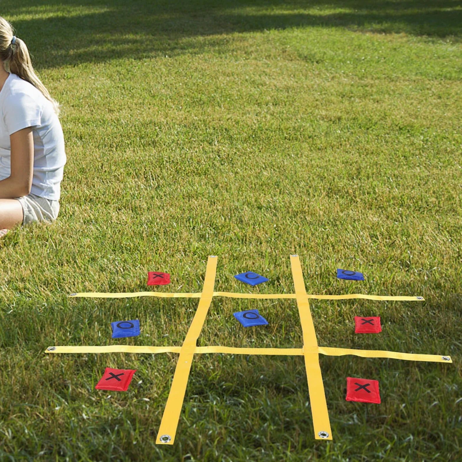Hohopeti Jeu de Morpion Extra-Large D’extérieur pour Jardin, 1 Set Jaune | Nylon, Format Portable à Ranger, Installation Simple, pour Camping et Maison