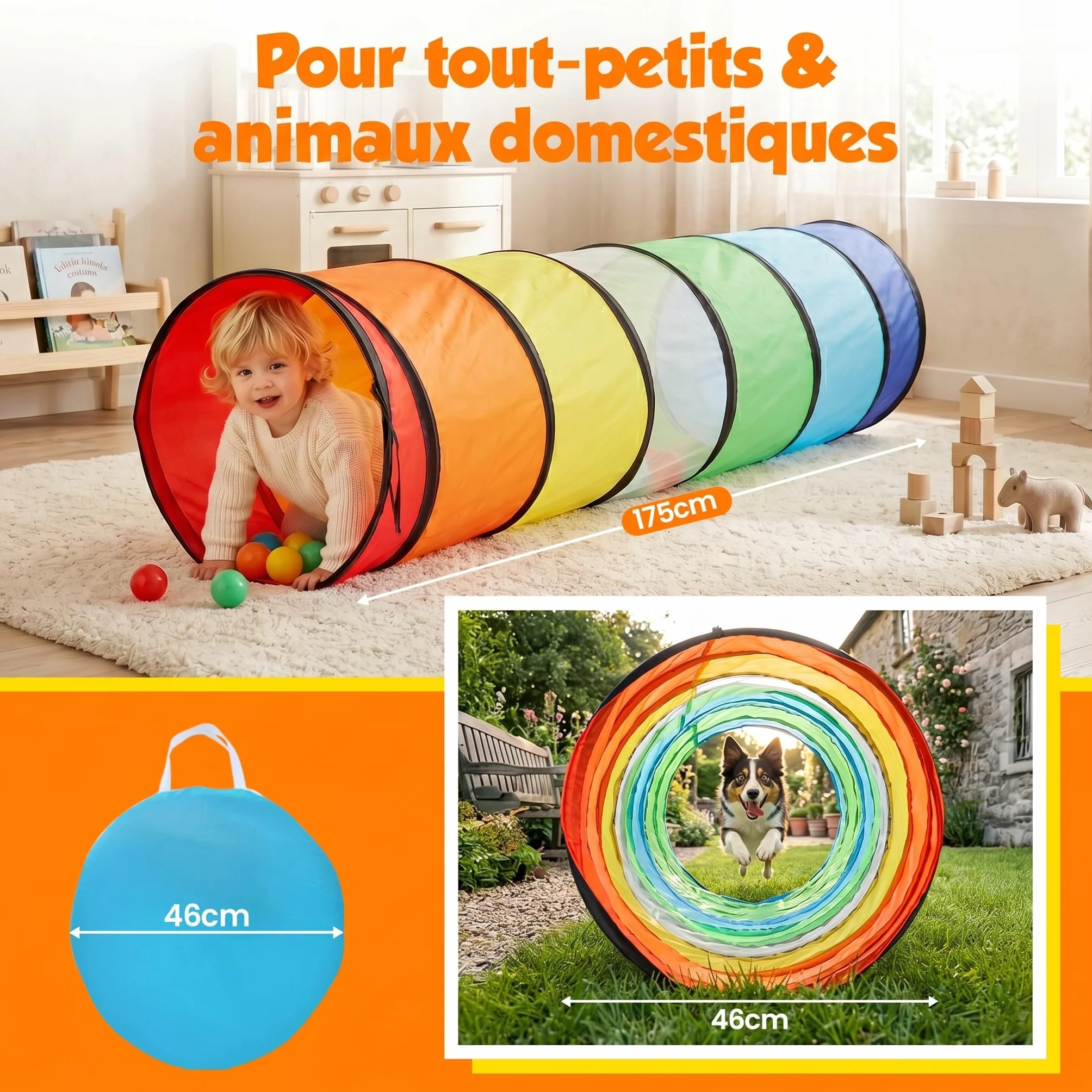 Tente de Jeux Tunnel Enfant 180 cm - Pliable Pop-up Exterieur Interieur avec Côtés en Maille - Parcours Motricité Bébé Cadeau