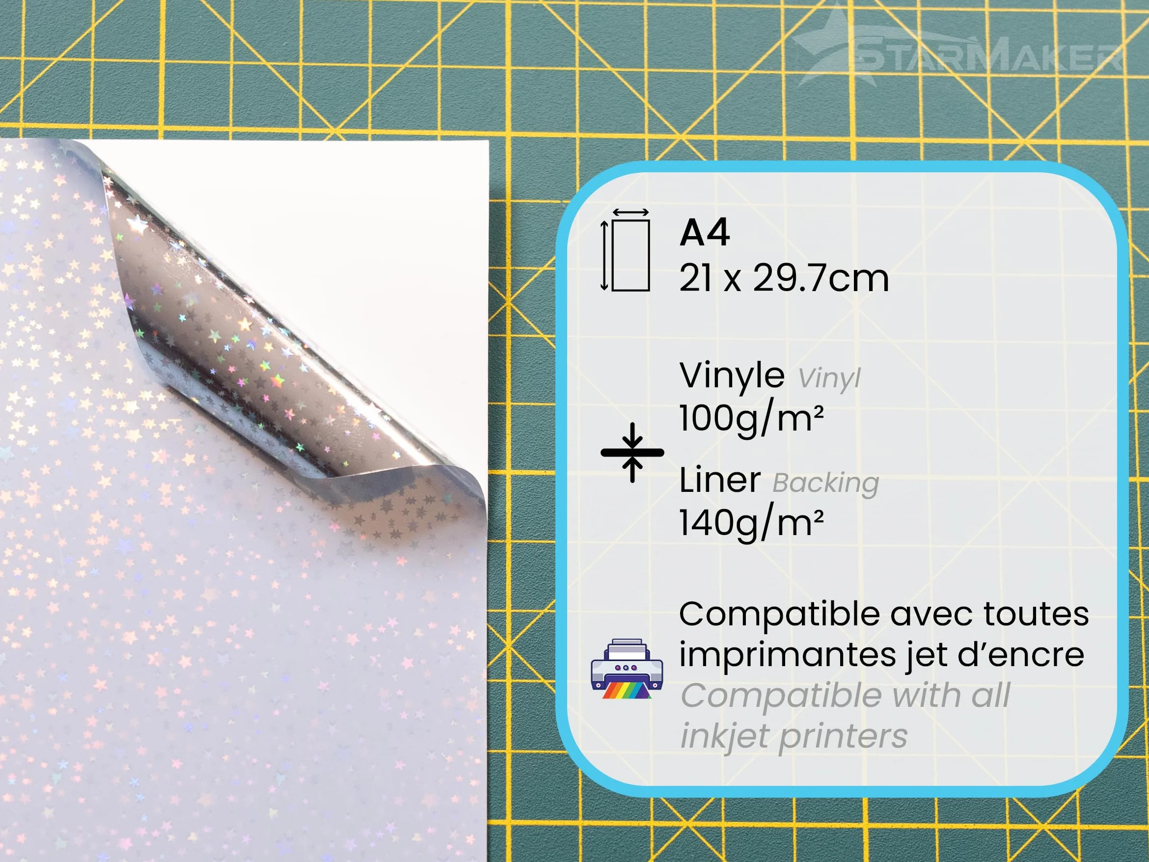 Papier adhésif vinyle holographique A4 10 feuilles, autocollant étanche pour imprimante jet d'encre et plotter