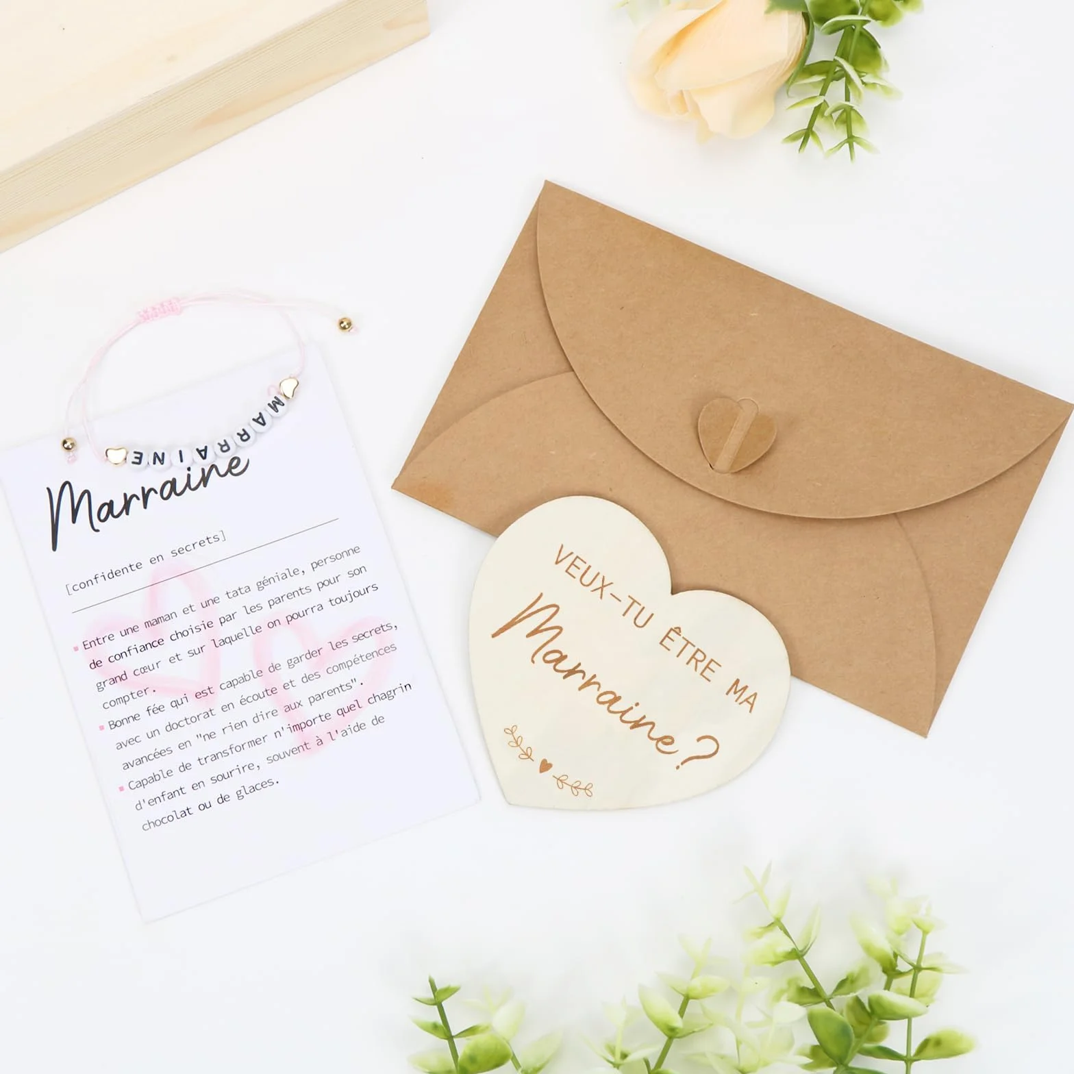 Carte de Demande en Bois pour Marraine, Bracelet avec Lettres, Idées Cadeaux