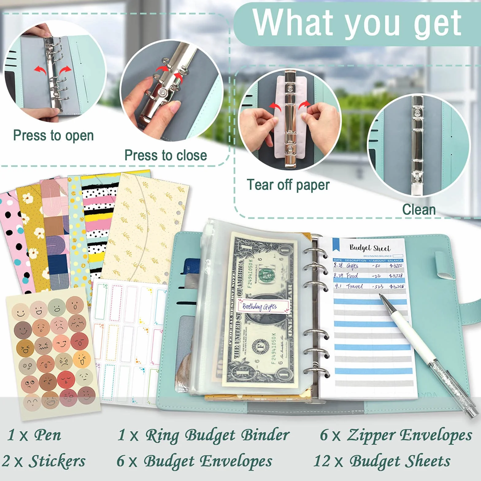 Ginmlyda Enveloppe Budget Planner Francais Cash 6 Pochettes PVC 6 Enveloppes Classeur 12 Tableaux 2 Autocollants Stylos Bleu