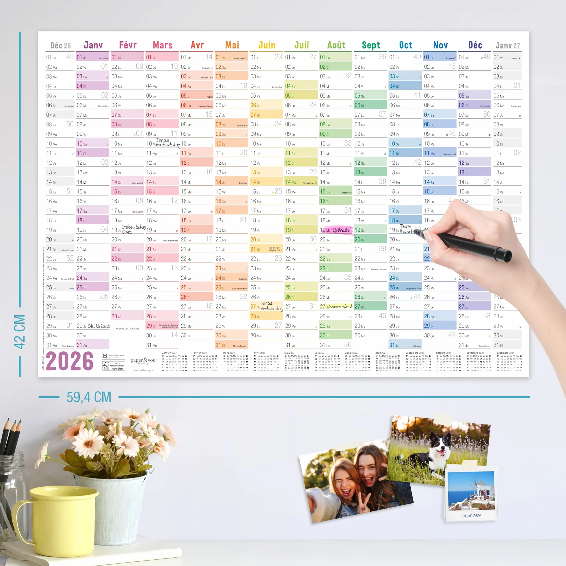 Calendrier mural 2026 A2 français 14 mois déc 2025 jan 2027 jours fériés France