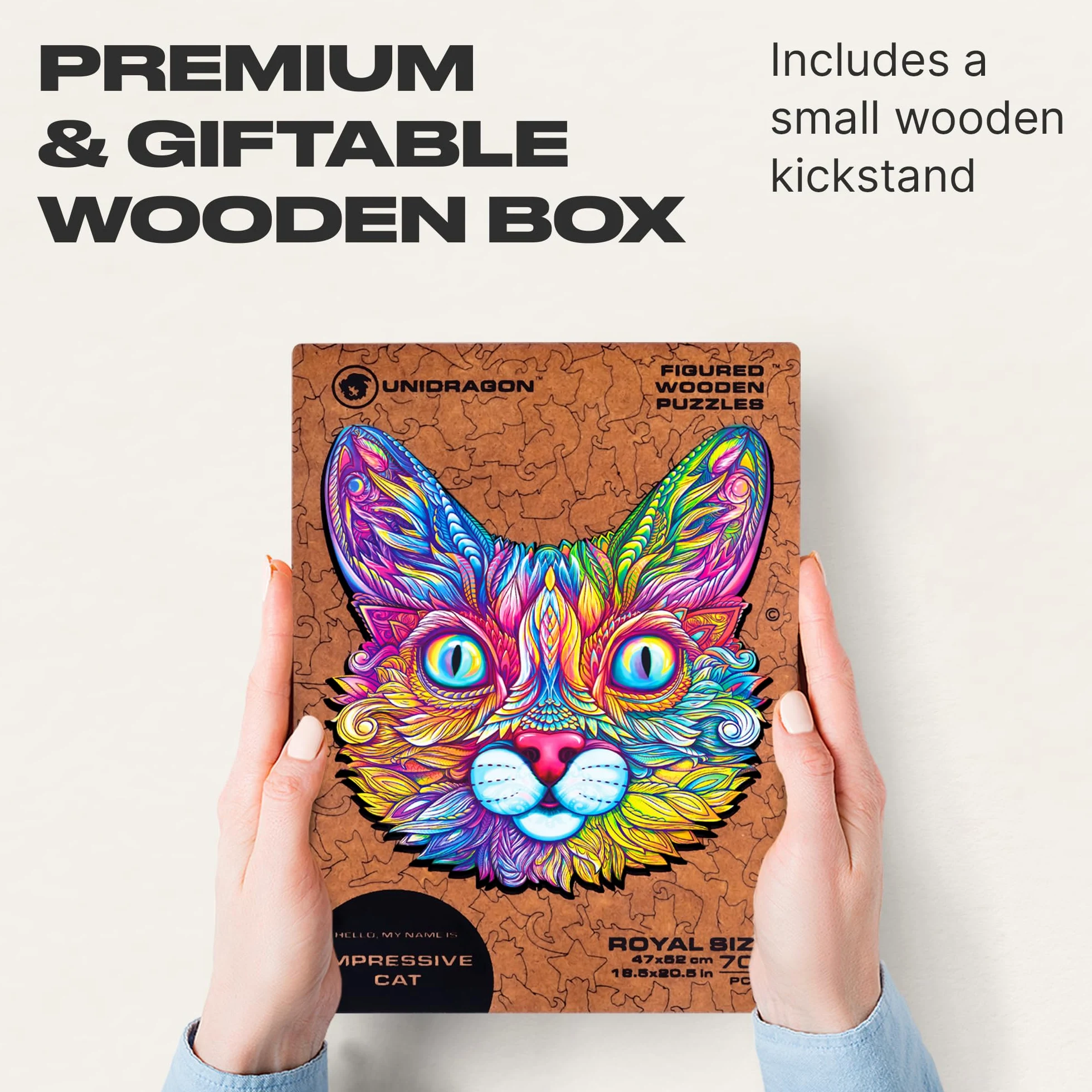 UNIDRAGON Puzzle en Bois - Impressive Cat Jigsaw Puzzle - 700 pcs | Royal Size 52.8 x 54.9 cm - Pièces de Forme Unique - Bois Découpé au Laser - Coffret Cadeau en Bois - Puzzle pour Adultes