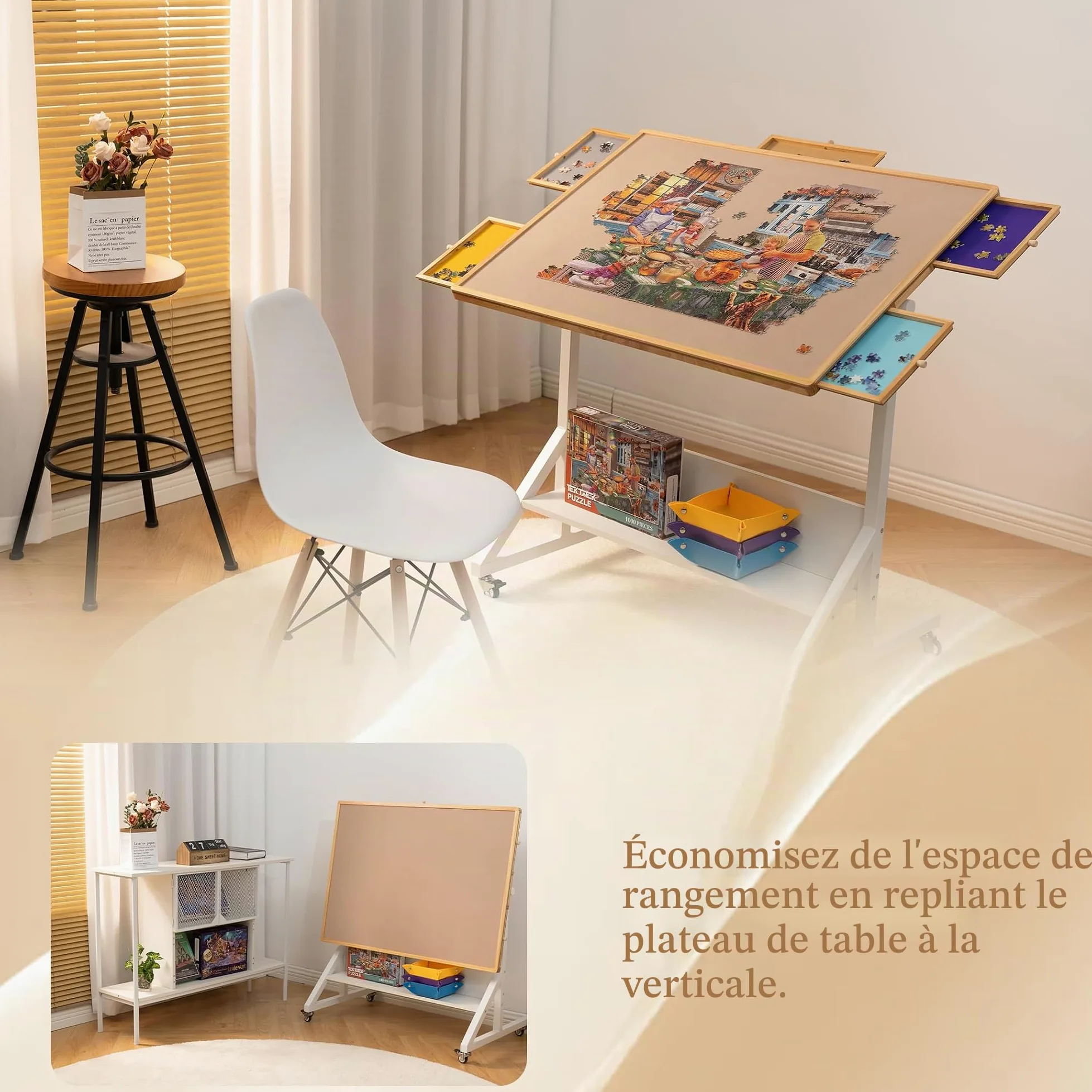 Tektalk Table de Puzzle avec réglage de l'angle et de la Hauteur, Plateau de Puzzle avec Couvercle et 5 tiroirs de tri, Table inclinable avec Pieds, fermée avec 4 roulettes, jusqu'à 1500 pièces