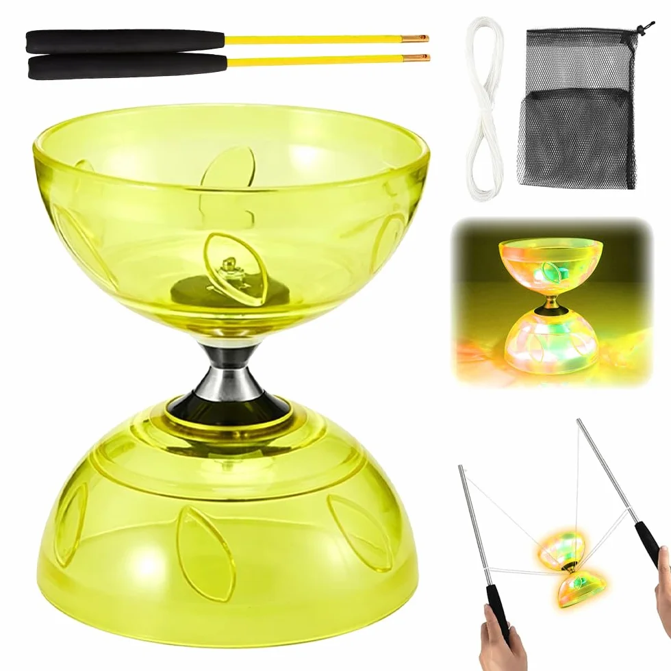Diabolo LED roulement à billes 4,5 mm kit jonglage baguettes outil cirque roue libre jaune