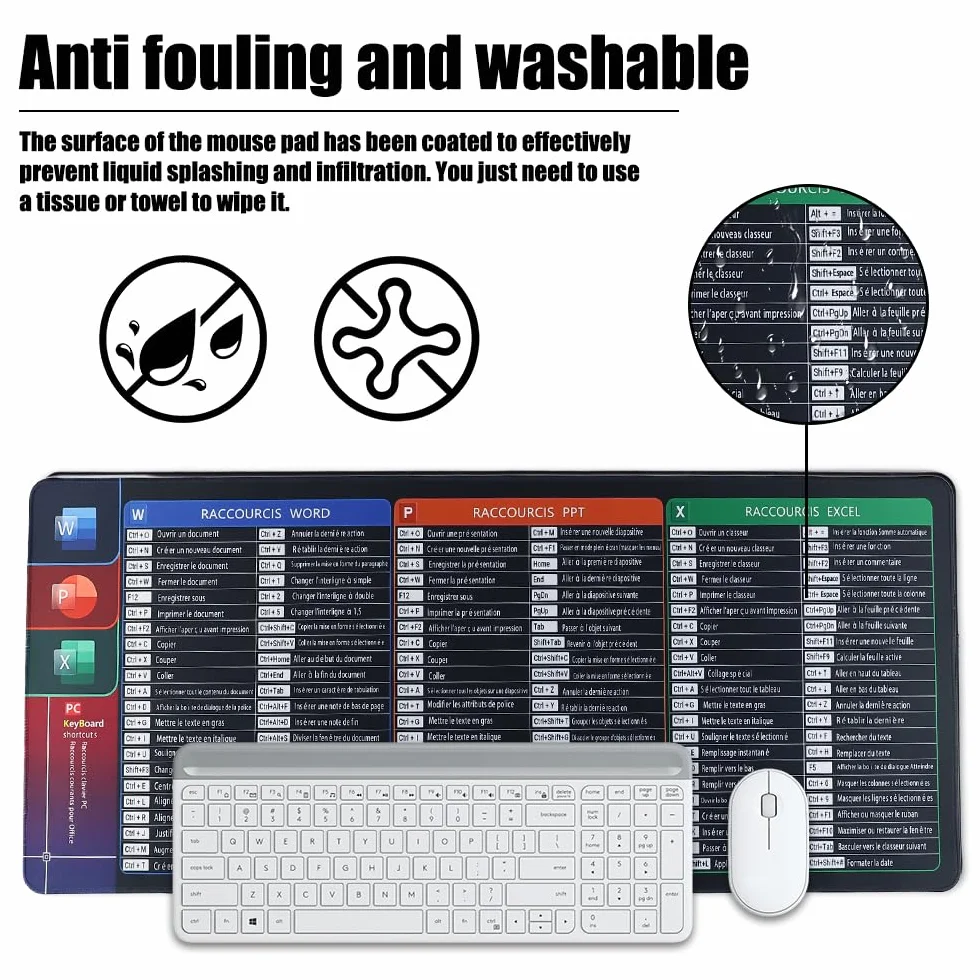 Tapis de Souris 900x400 Raccourcis Clavier Français Excel/Office Imperméable
